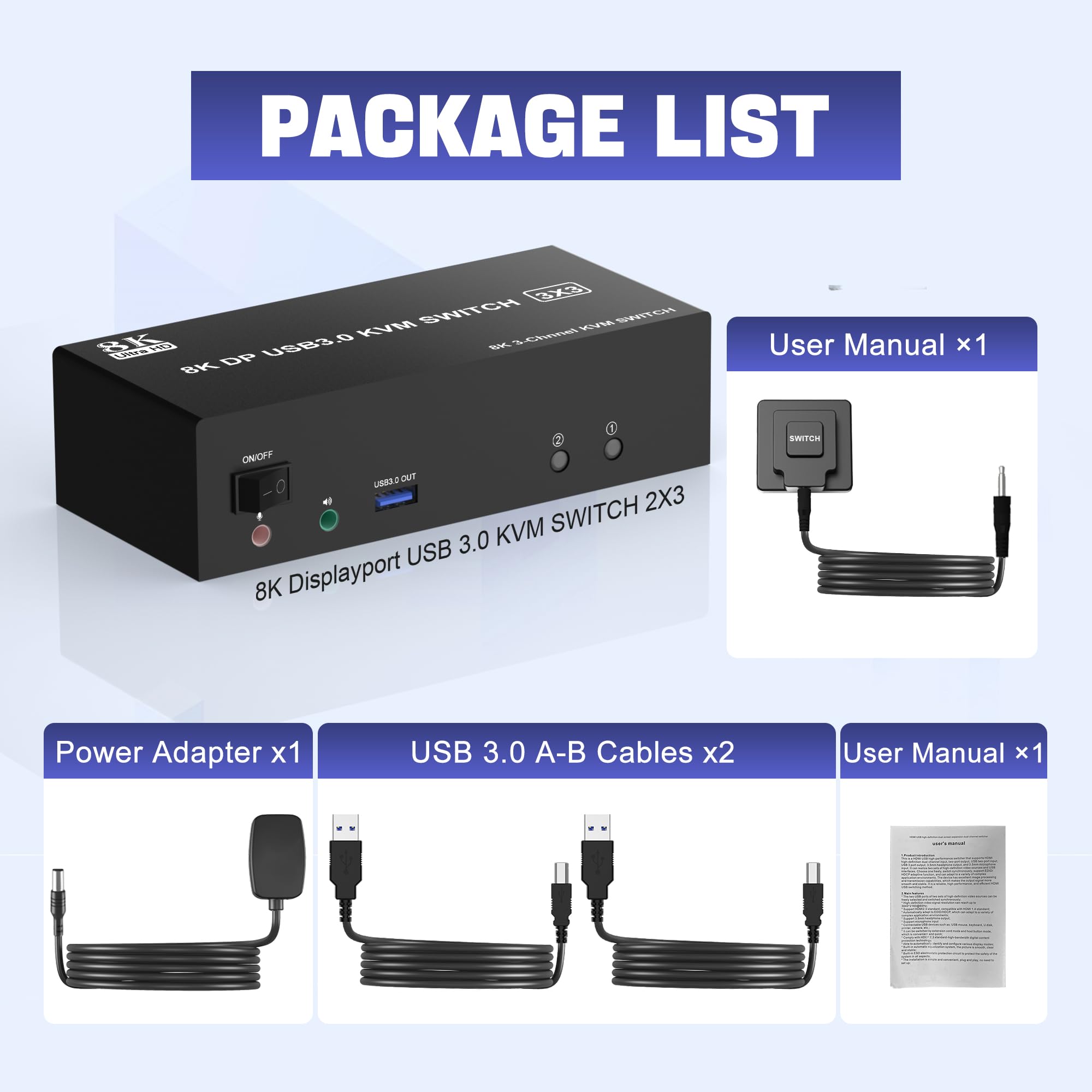 Clickfish 8K DisplayPort KVM Switch with USB 3.0 | Triple Monitor Support for 2 Computers | Manual Push Button Operation | Black | Perfect for Home Office, Gaming Setup & Multi-Device Workstations