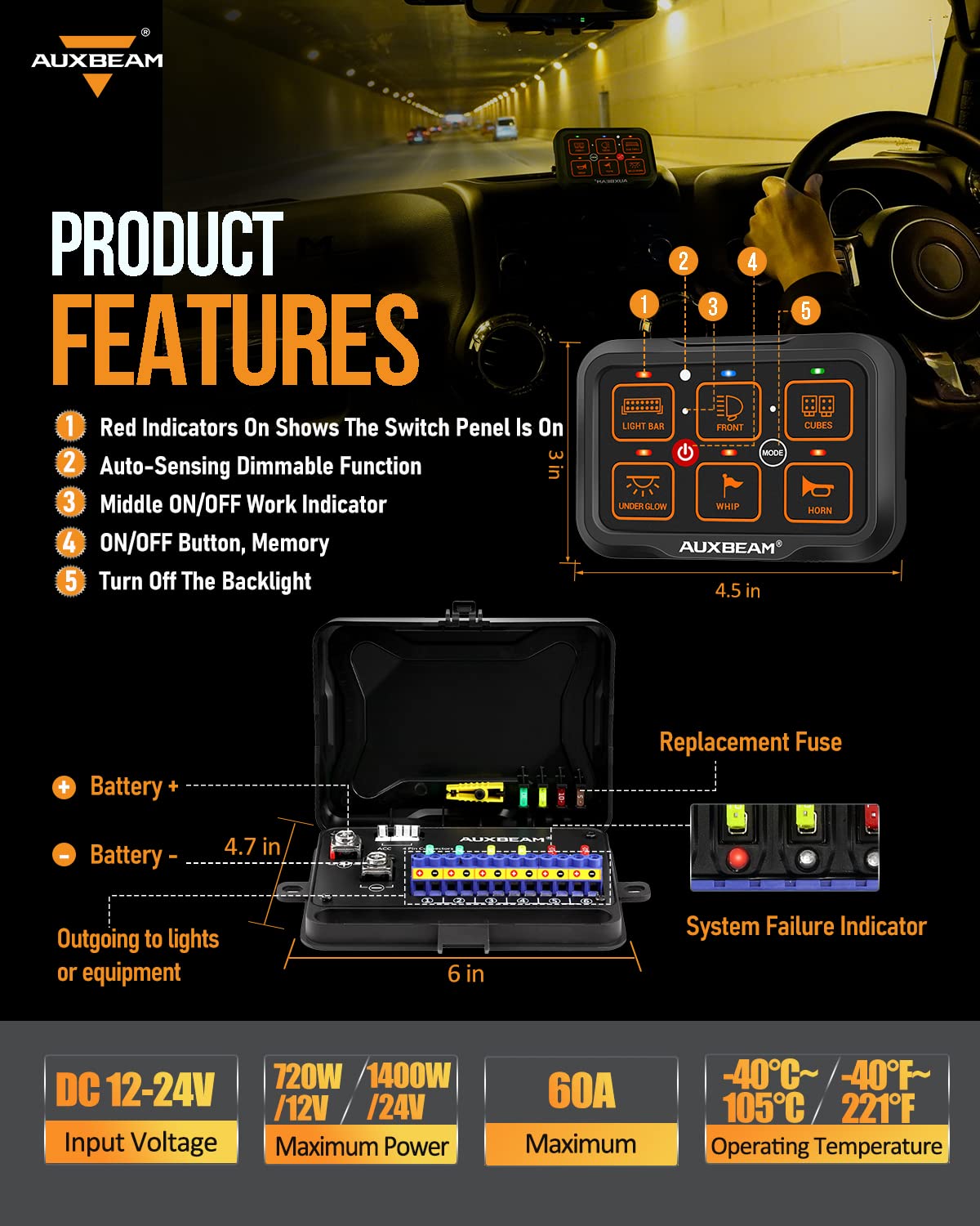 Auxbeam 6 Gang Switch Panel Bluetooth RGB AR-600 - Waterproof Toggle & Momentary Pulsed Modes - Multifunctional Manual/Automatic Backlit Control for Truck, Car, ATV & Boat - Perfect for Off-Roading, Marine & Custom Vehicle Lighting Upgrades