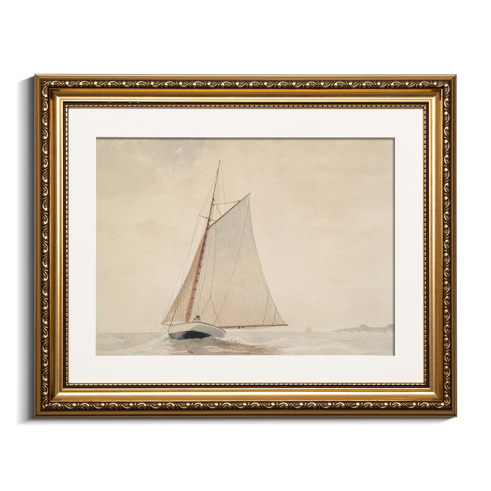 VIYYIEA Gold Framed Wall Art - 13x16in White Sailboat Seascape Watercolor Vintage Beach Painting on Canvas, Coastal Decor for Living Room, Bedroom, Office & Bathroom | Perfect for Beach House, Nautical Theme & Coastal Style Interiors
