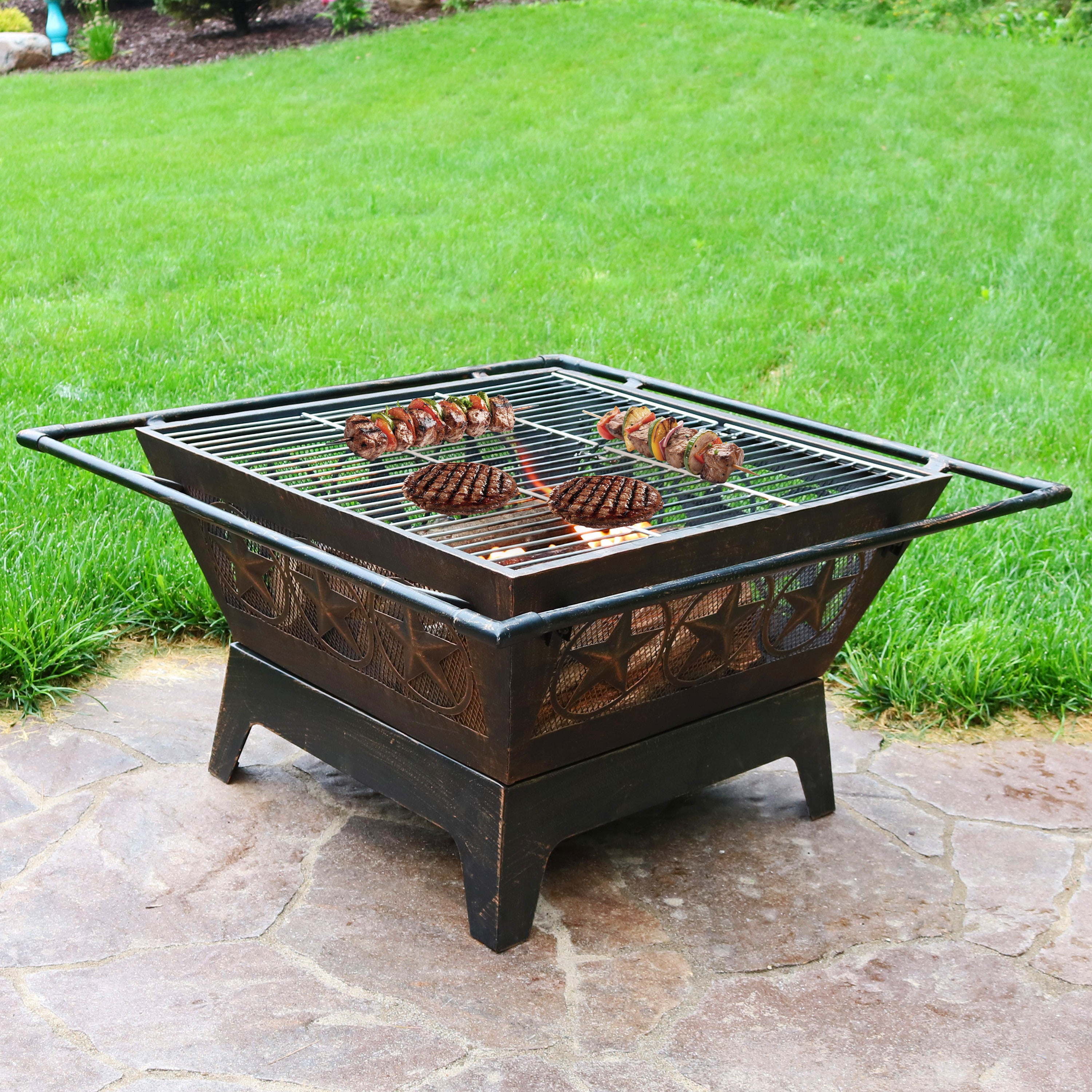 Sunnydaze 32-Inch Northern Galaxy Square Outdoor Fire Pit with Cooking Grate & Spark Screen - Perfect for Backyard Campfires, Patio Gatherings & Outdoor Cooking