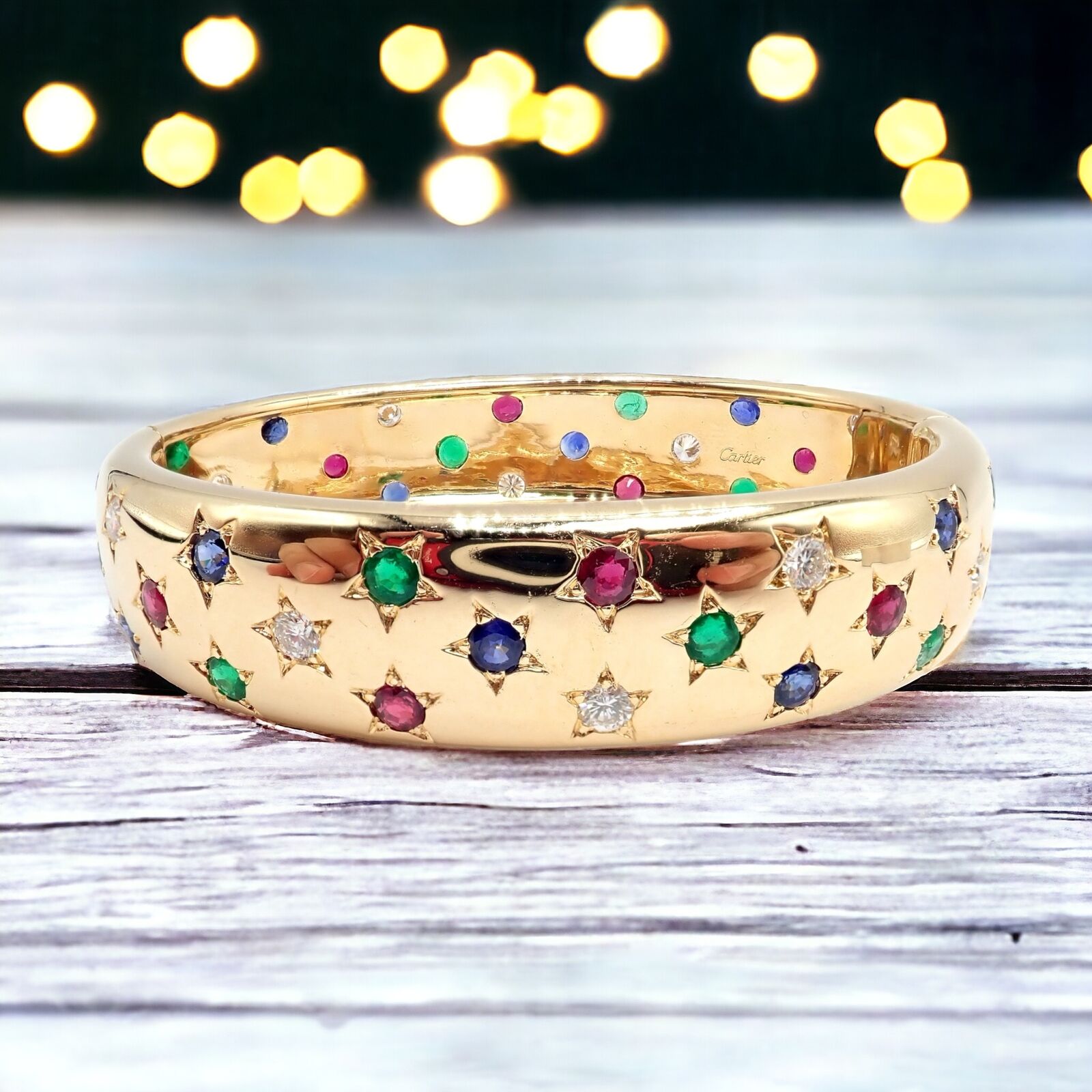 Cartier Star 18k Yellow Gold Diamond Ruby Emerald Sapphire Bangle Bracelet with Certificate - Luxury Jewelry Gift for Women, Anniversary & Special Occasions