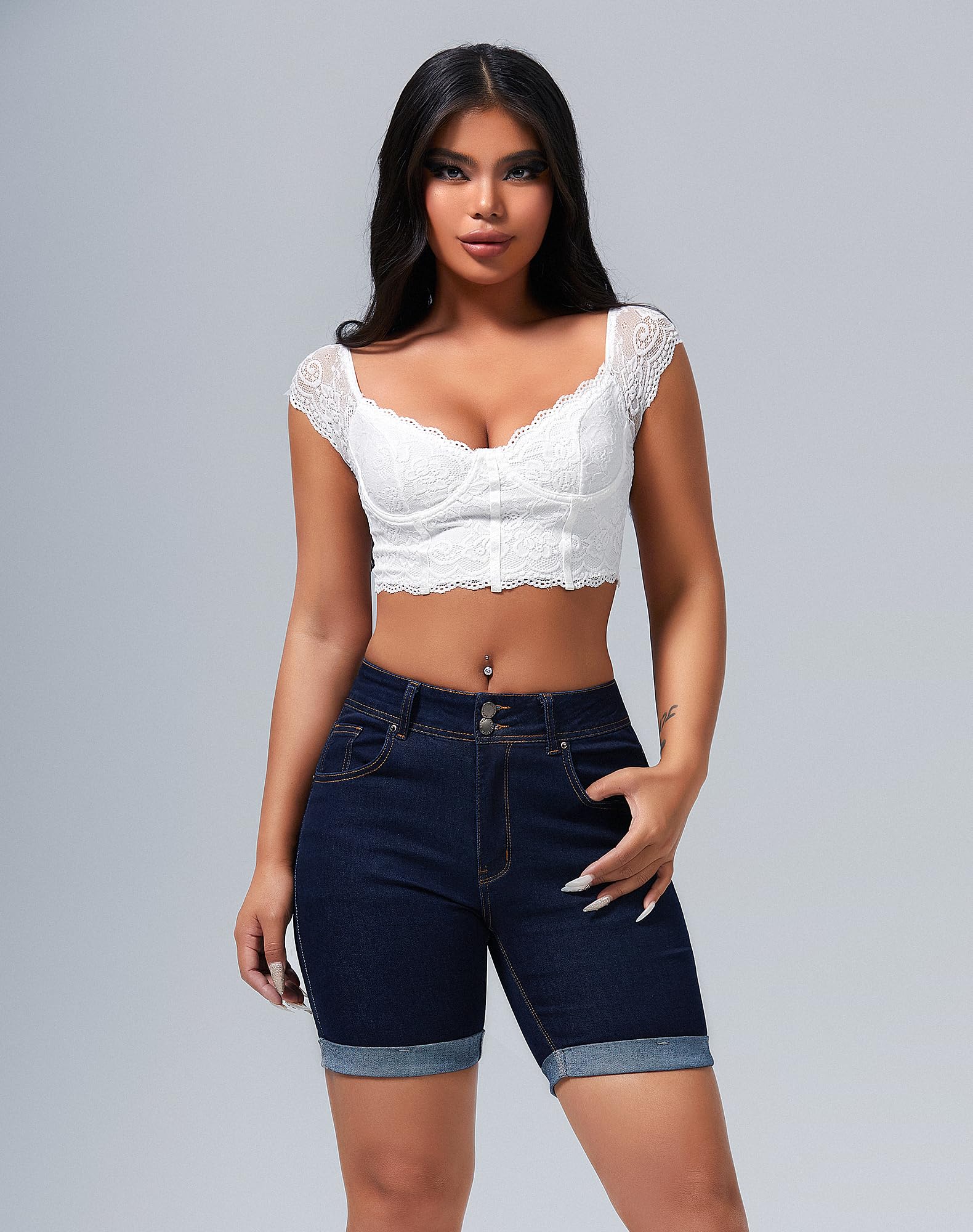 Roswear Women's Mid Rise Skinny Butt Lifting Stretchy Bermuda Jeans Shorts - Comfortable Denim Shorts for Summer, Casual Wear & Outdoor Activities