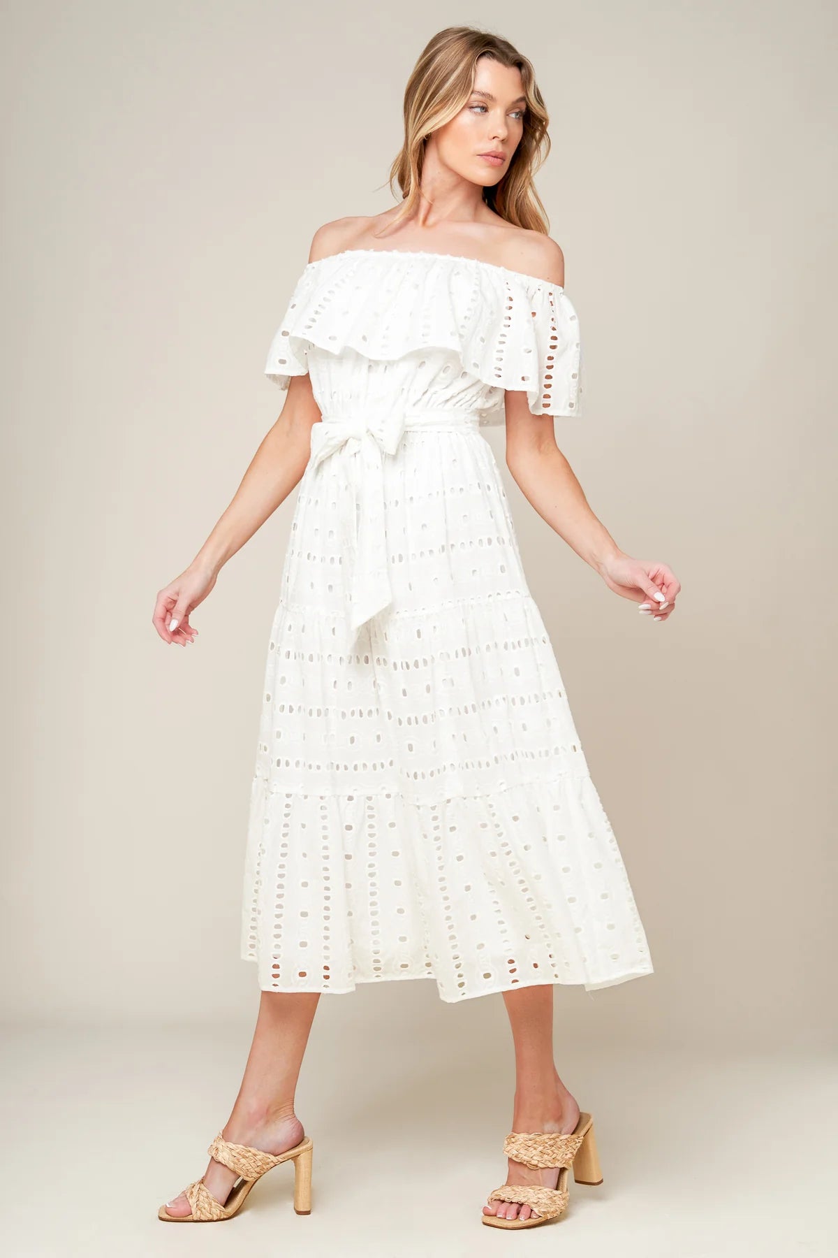 Breathable Eyelet Midi Dress for Women - Summer Floral Boho Dress with Short Sleeves - Perfect for Beach, Vacation & Casual Outings