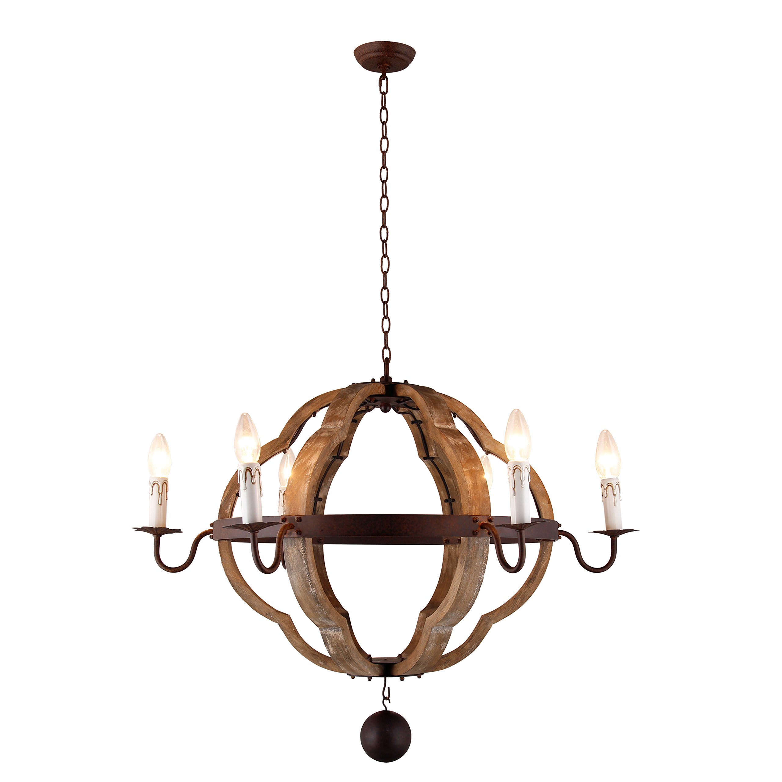 6-Light Quatrefoil Chandelier - French Country Wooden Lantern Wine Barrel Pendant Light Fixture - 31.5