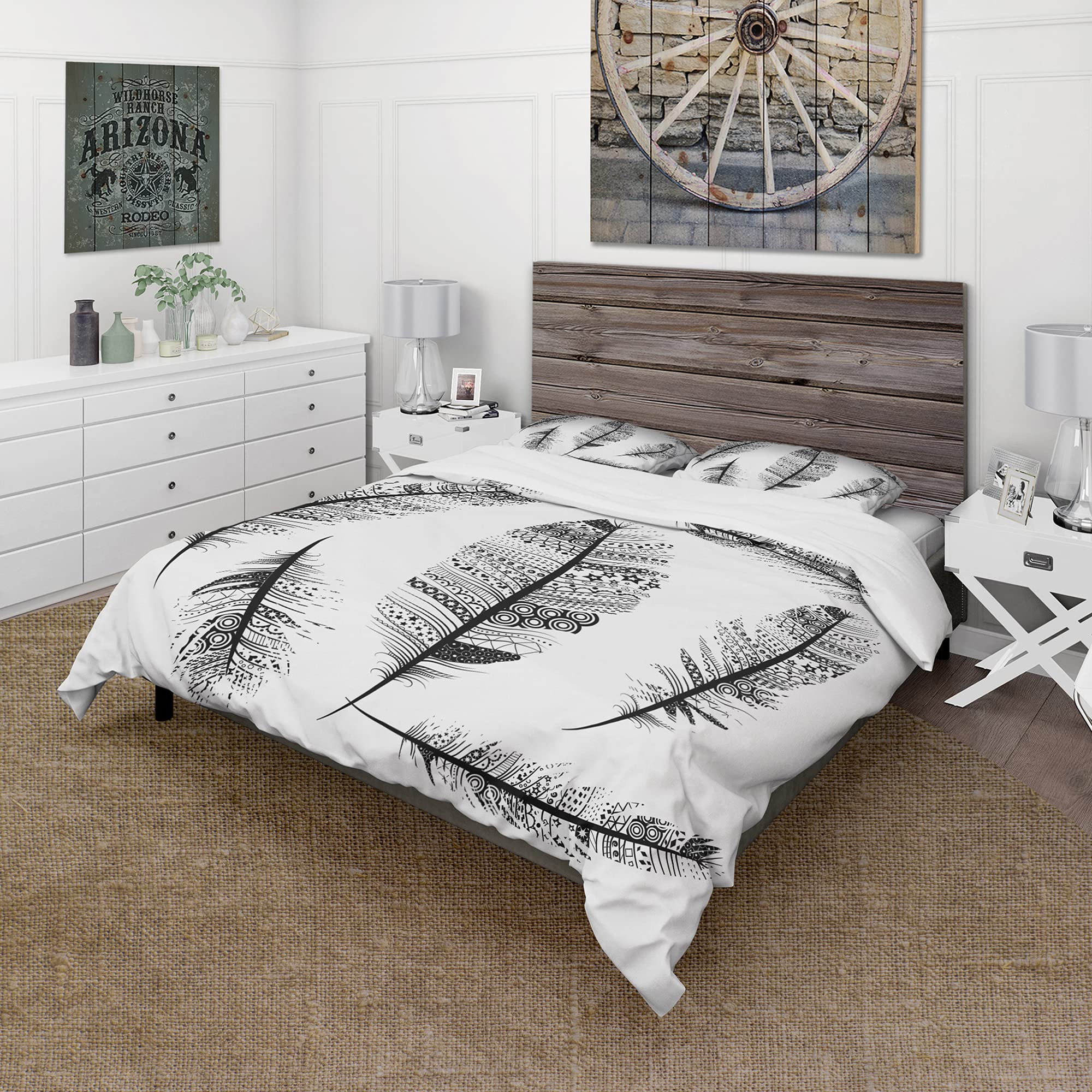 Bohemian Feather Duvet Cover King - Vintage Tribal Pattern Bedding Set for Cozy Cottage Style