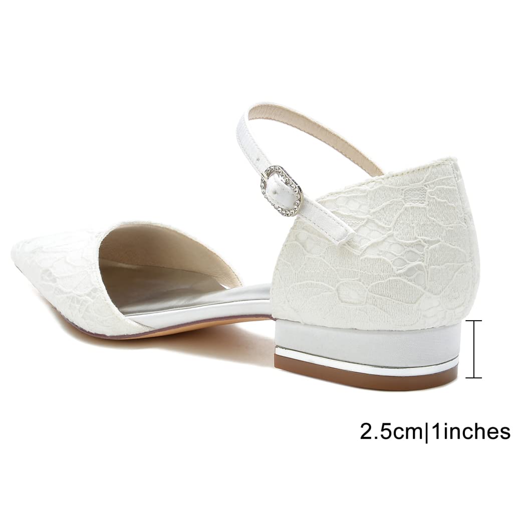 Elegant 2.5cm Women's Pointed Toe Satin Lace Ballet Flats with Ankle Strap Buckle - Comfortable Dressy Flats for Evening, Bridal, Party & Casual Wear - White Size 9.5 US - Perfect for Weddings, Proms, Dances & Office Outfits