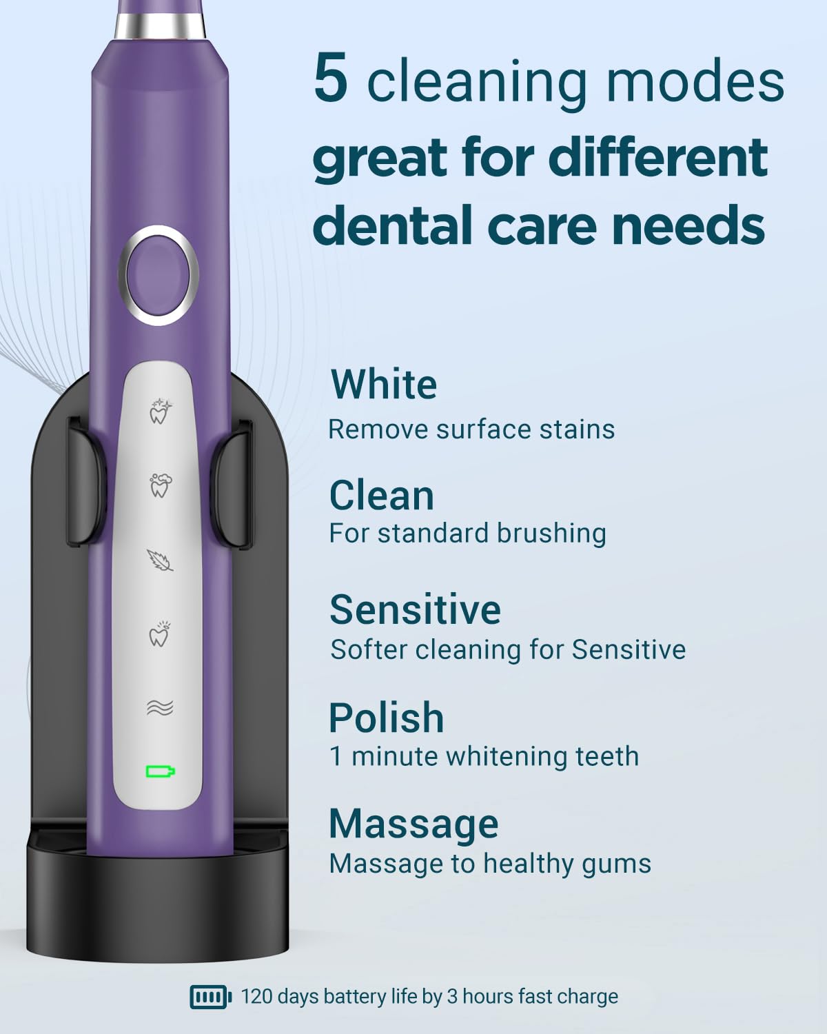 Rtauys M5 Sonic Electric Toothbrush for Adults & Kids - Rechargeable Toothbrush with 8 Brush Heads & Travel Case, 120-Day Battery Life, Purple - Perfect for Travel, Home & Daily Oral Care