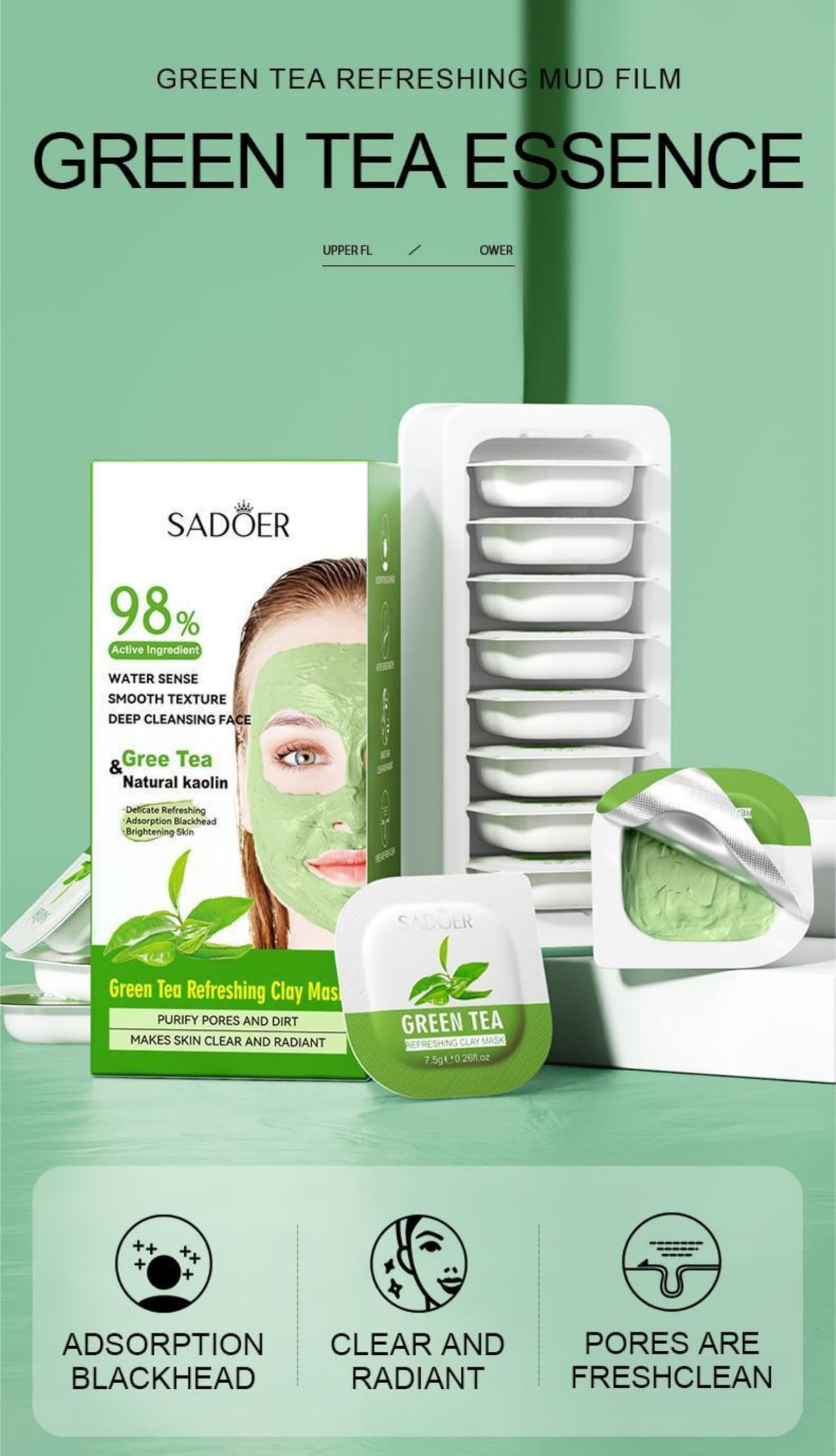 SADOER Green Tea Clay Mask for Deep Cleansing & Detoxifying - 8 Pack x 7.5g Natural Kaolin Facial Treatment | Perfect for Acne, Blackheads & Oily Skin Care Routine