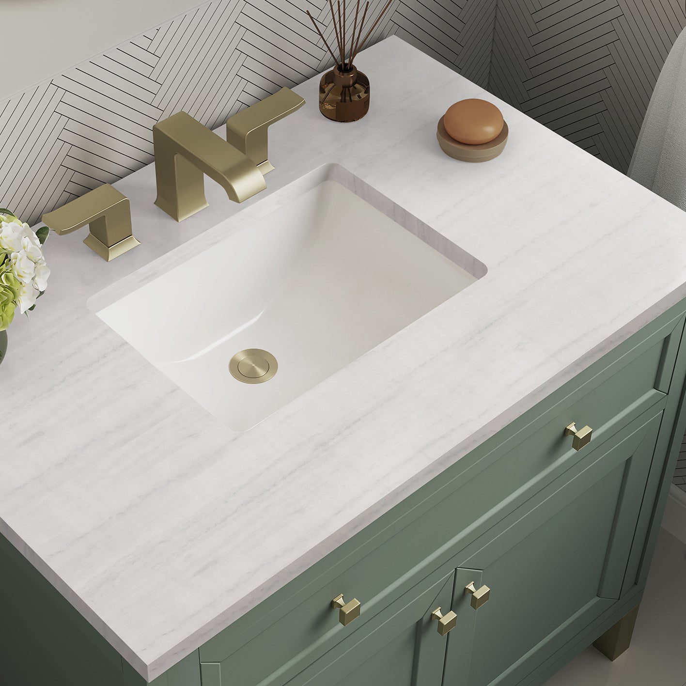 James Martin Vanities Chicago Collection 36 Inch Single Bathroom Vanity in Smokey Celadon with Countertop Options - Modern Farmhouse Style for Small Bathrooms & Powder Rooms