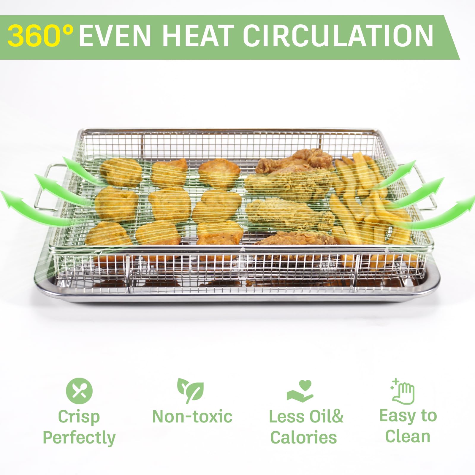 Stainless Steel Air Fryer Basket for Oven - 2-Piece Set with Heavy-Duty Wire Rack & Anti-Scald Handle Clip (12.8