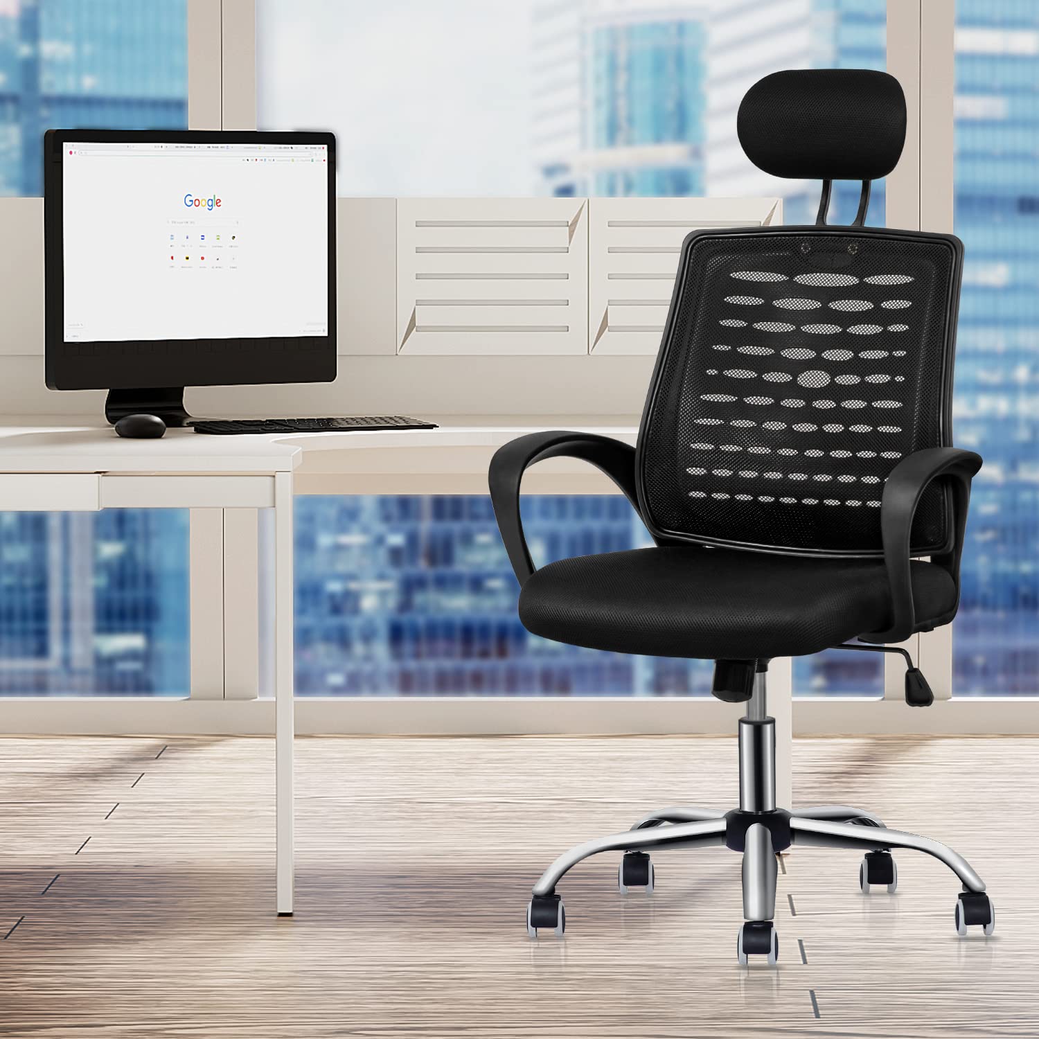 Premium Black Mesh Office Chair with Adjustable Headrest & Armrests - Ergonomic Computer Task Chair with Rectangular Desk Mat for Carpet - Perfect for Home Office, Gaming & Workspaces