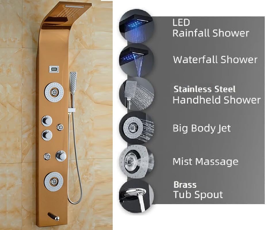 Premium 304 Stainless Steel 6-in-1 Digital LED Shower Panel System with Body Massage, Overhead Shower, Dual Flow, Body Jets & Handheld Spray - Gold Finish | Luxury Bathroom Upgrade for Spa-Like Experience