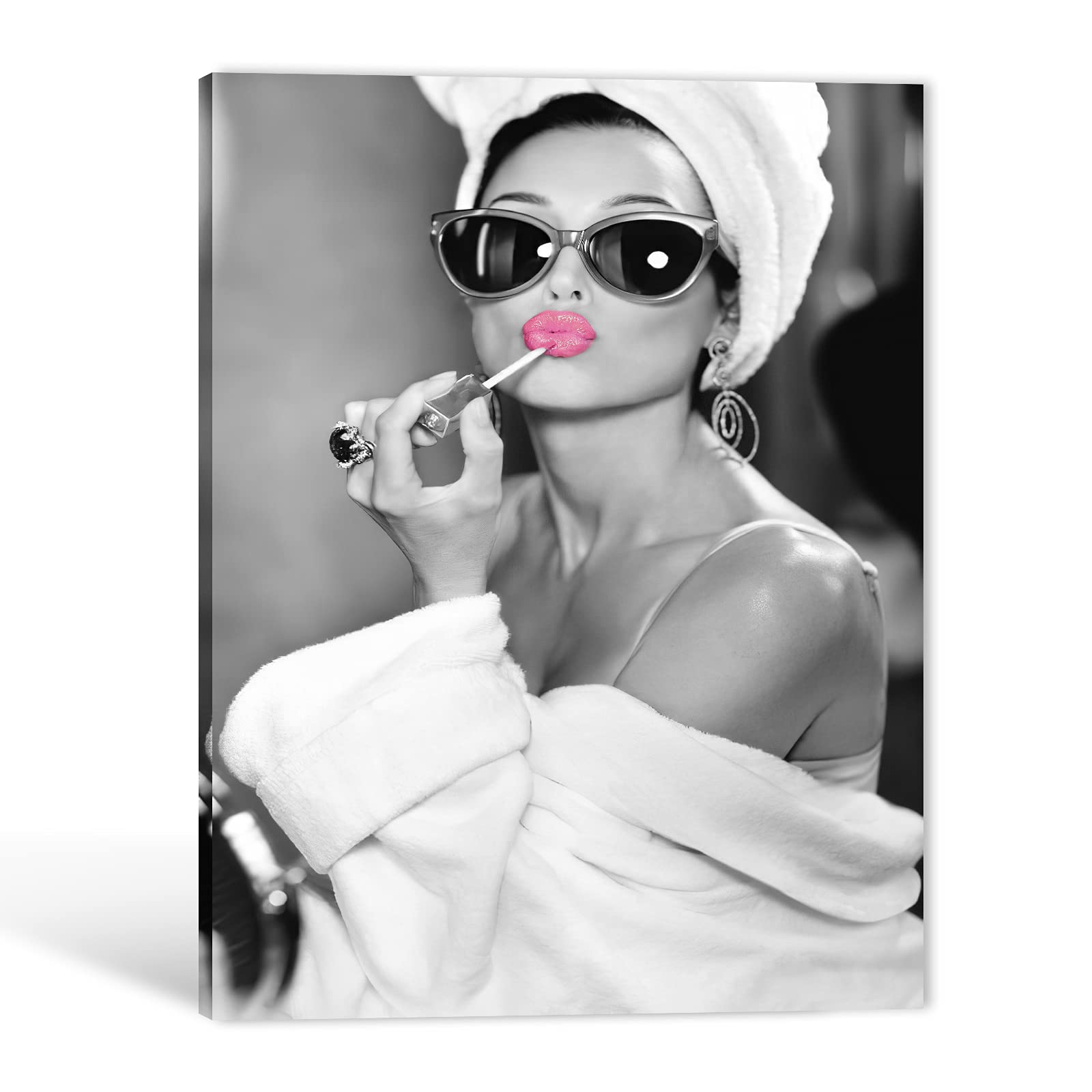 GUTTATY Pink Lips Audrey Hepburn Canvas Wall Art - 32x48 Inch Framed Bathroom Decor for Women, Girls Dressing Room - Ready to Hang Modern Art Print for Home, Bedroom & Office Decoration