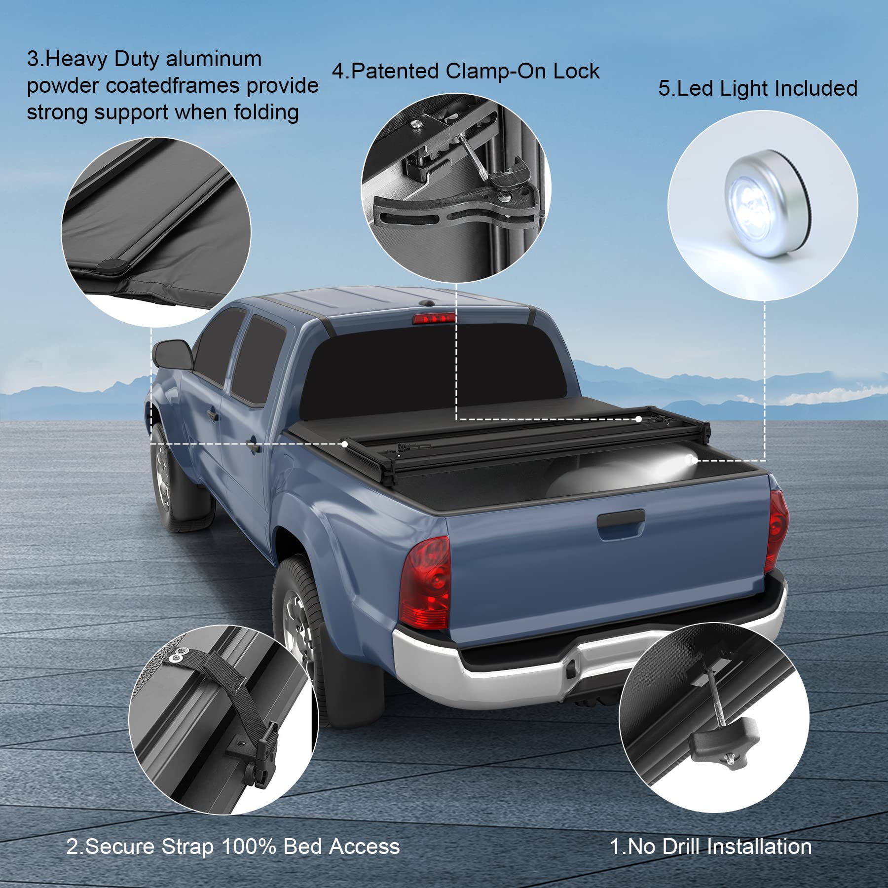 CARMOCAR Soft Tri-Fold Truck Bed Cover for 2007-2021 Toyota Tundra 5.5FT | Waterproof Pickup Truck Tonneau Cover with LED Lights | Durable Bed Accessories for Camping & Hauling
