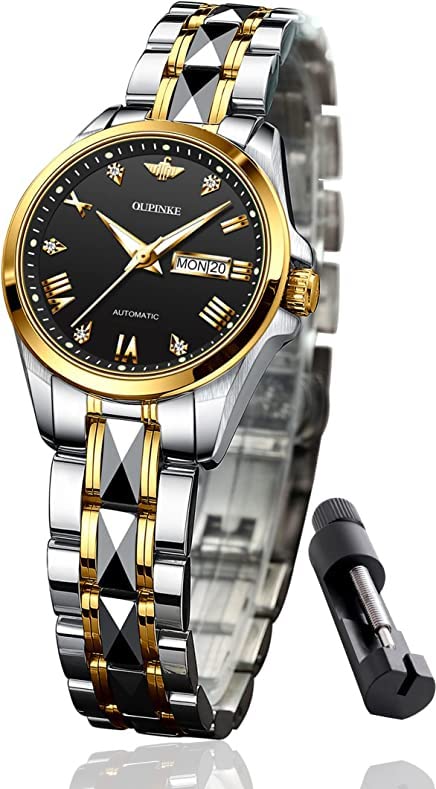 gold and silver band & black dial