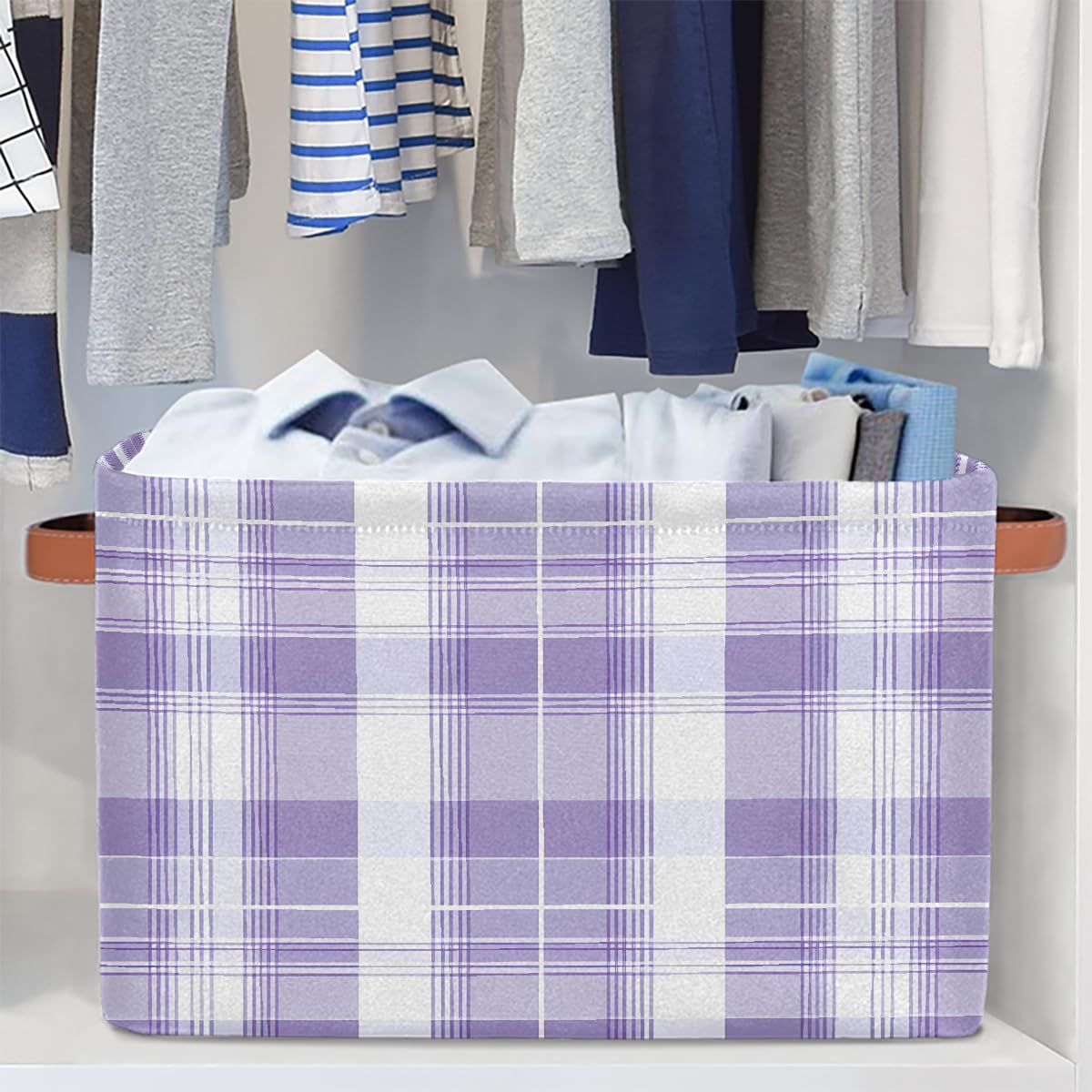 Purple Lavender & White Plaid Foldable Storage Baskets with Handles - 2 Pack Decorative Organizer Bins for Shelves, Home & Office Organization | Perfect for Bedroom Closet, Bathroom & Laundry Room Storage