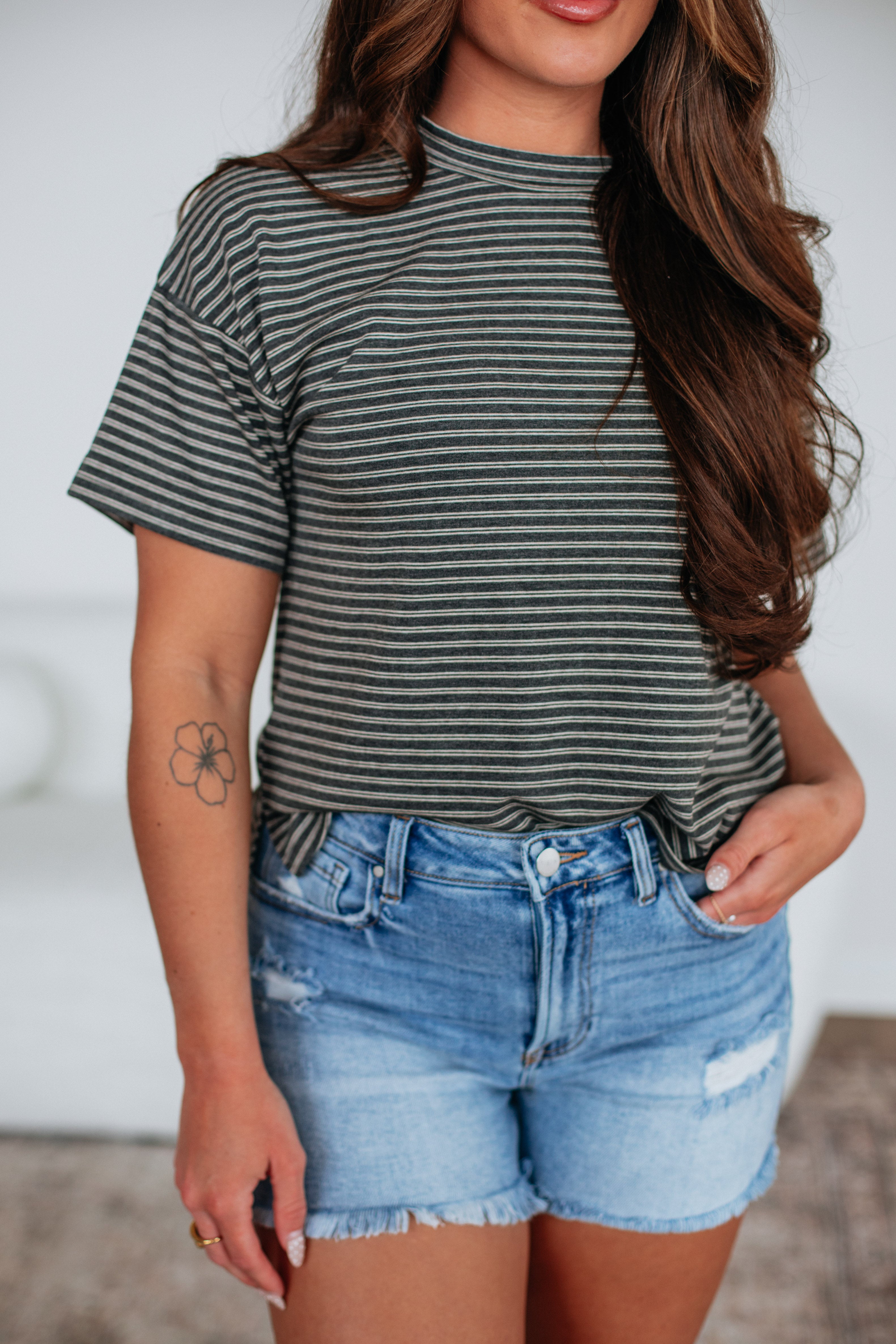 Allie Striped Women's T-Shirt - Charcoal Mix Casual Top for Everyday Wear | Perfect for Work, Outings & Relaxing