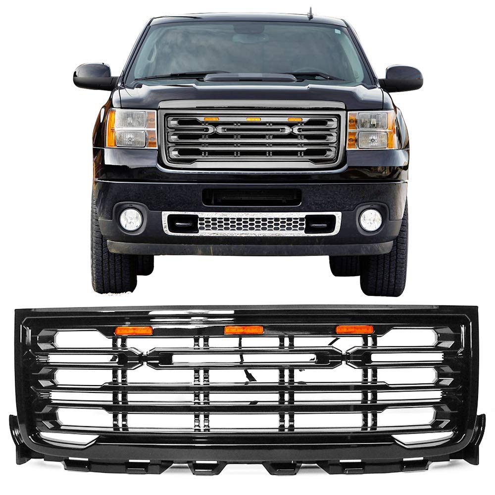 IKON MOTORSPORTS Gloss Black Front Grille for 2011-2014 GMC Sierra 2500 3500 HD | Replacement Bumper Grille | Off-Road & Truck Customization Upgrade