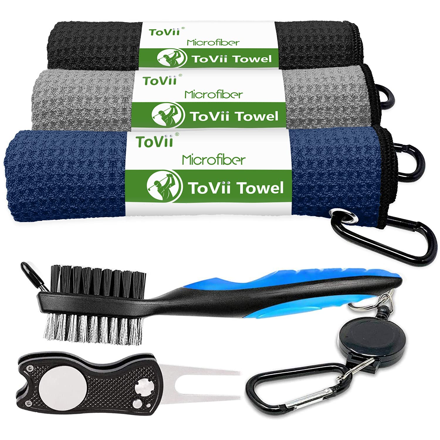 ToVii Premium Microfiber Waffle Pattern Golf Towel with Brush & Club Groove Cleaner | Golf Divot Repair Tool | Durable Golf Accessories for Men & Women | Perfect for Driving Range, Course Play & Club Maintenance