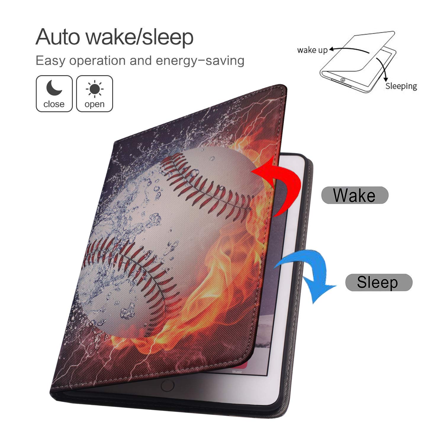 Premium Leather iPad Case for iPad 9.7 (2017/2018), iPad Air 2, iPad Air & iPad Pro 9.7 - Protective Smart Cover with Auto Wake/Sleep & Adjustable Stand - Compatible with iPad 6th/5th Generation - Burning Baseball Fire and Water Design - Perfect for Work, Travel & Home Entertainment