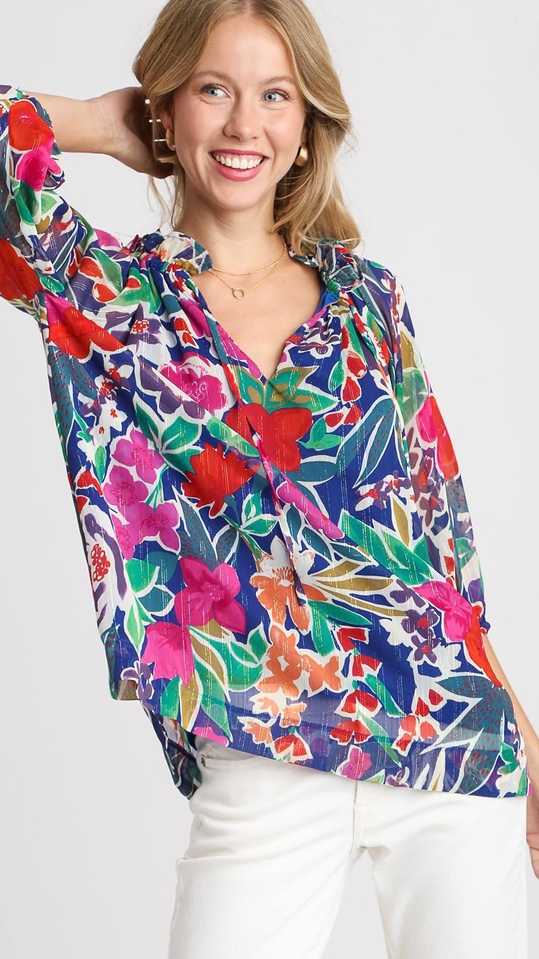 Lara Lurex Metallic Top for Women - Navy Blue Floral Print Blouse - Perfect for Party, Night Out & Special Occasions