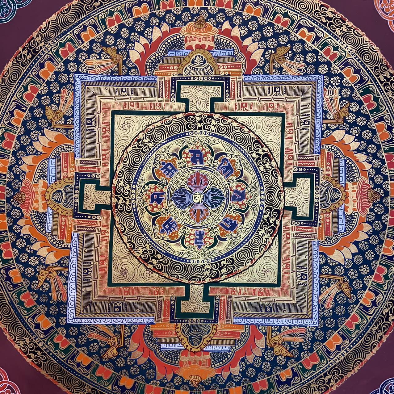 Om Mantra Mandala Thangka Wall Art - Handmade Tibetan Buddhist Painting for Meditation & Yoga Room Decor - Perfect for Home, Office, or Spiritual Space