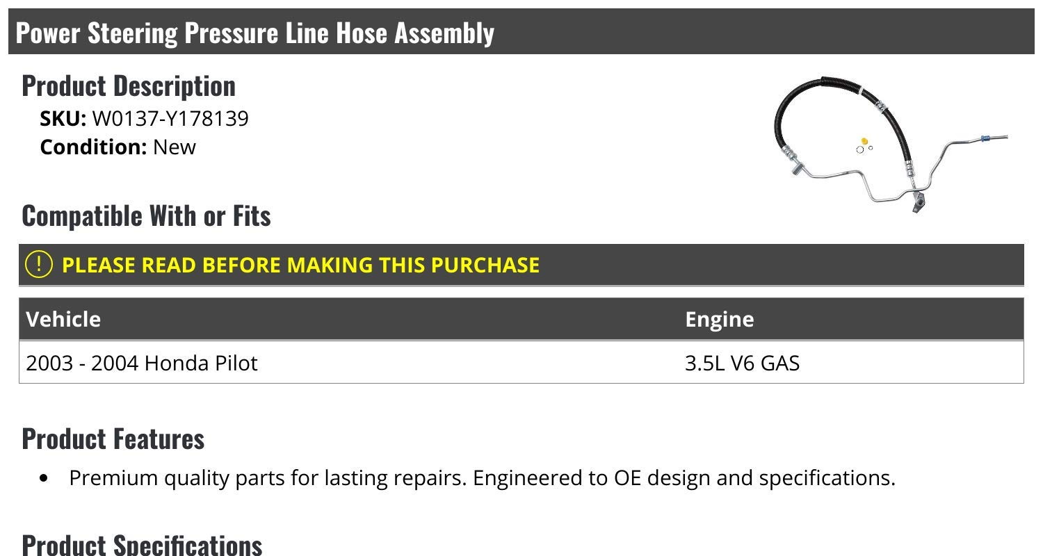 High-Quality Power Steering Pressure Line Hose Assembly 56.25 Inch - Replacement for 2003-2004 Honda Pilot 3.5L V6 Gas Engine - Perfect for Smooth Steering & Off-Road Adventures
