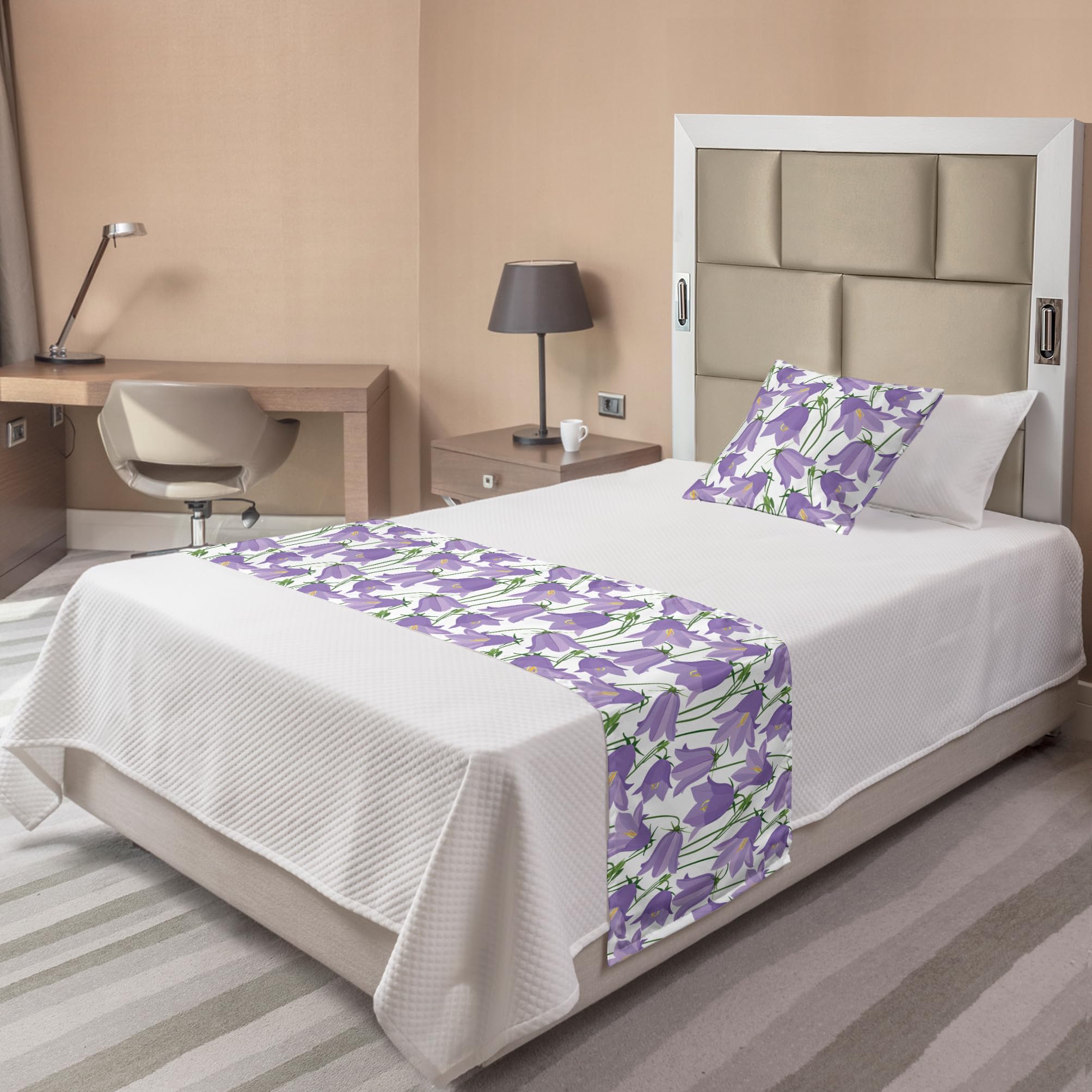 Ambesonne Botanical Bed Runner Set - Bluebells Meadow Flowers Design, Decorative Bedding Scarf & Pillow Sham for Twin Bed | Home & Hotel Decor | Lavender Yellow | Perfect for Spring Bedroom Refresh, Guest Room Styling & Wedding Decor