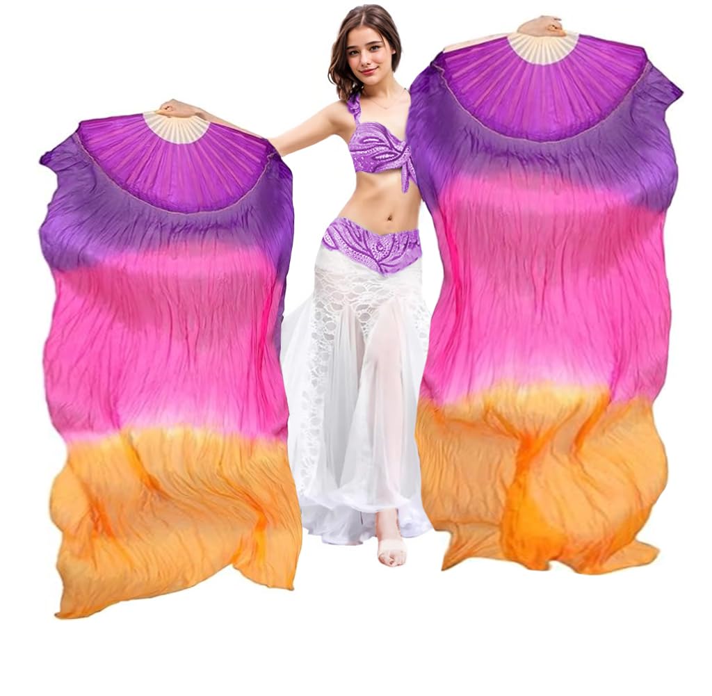 Handmade Silk Belly Dance Fan Veils - Long Bamboo Fans for Women Performers