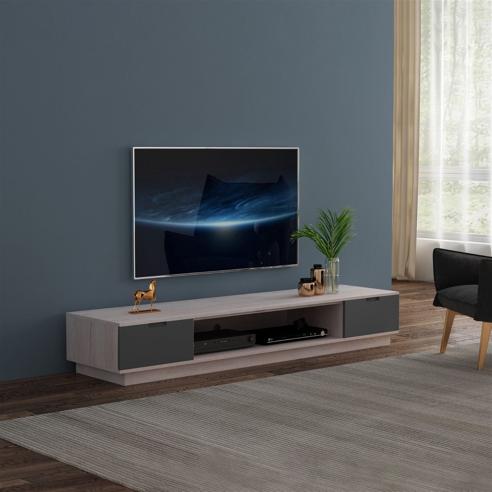 TAURIS RIO2200LL Solid Oak Entertainment Center - Modern TV Stand with Storage for Living Room, Bedroom & Home Theater