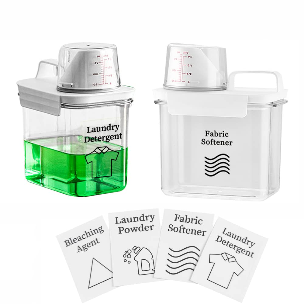 2-Pack Laundry Detergent Dispenser Set - 37oz Clear Liquid Soap Storage Containers with 4 Removable Labels for Fabric Softener, Detergent & Bleach | Perfect for Laundry Room Organization & Space Saving | Ideal for Home, Apartment, Dorm & RV Use