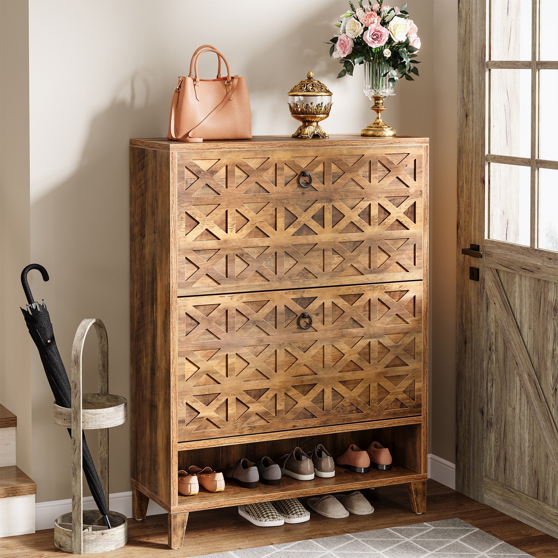 Wooden Shoe Cabinet with 2 Flip-Down Doors - Space Saving Shoe Storage Organizer for Entryway, Closet or Bedroom - Perfect for Organizing Shoes, Boots and Accessories
