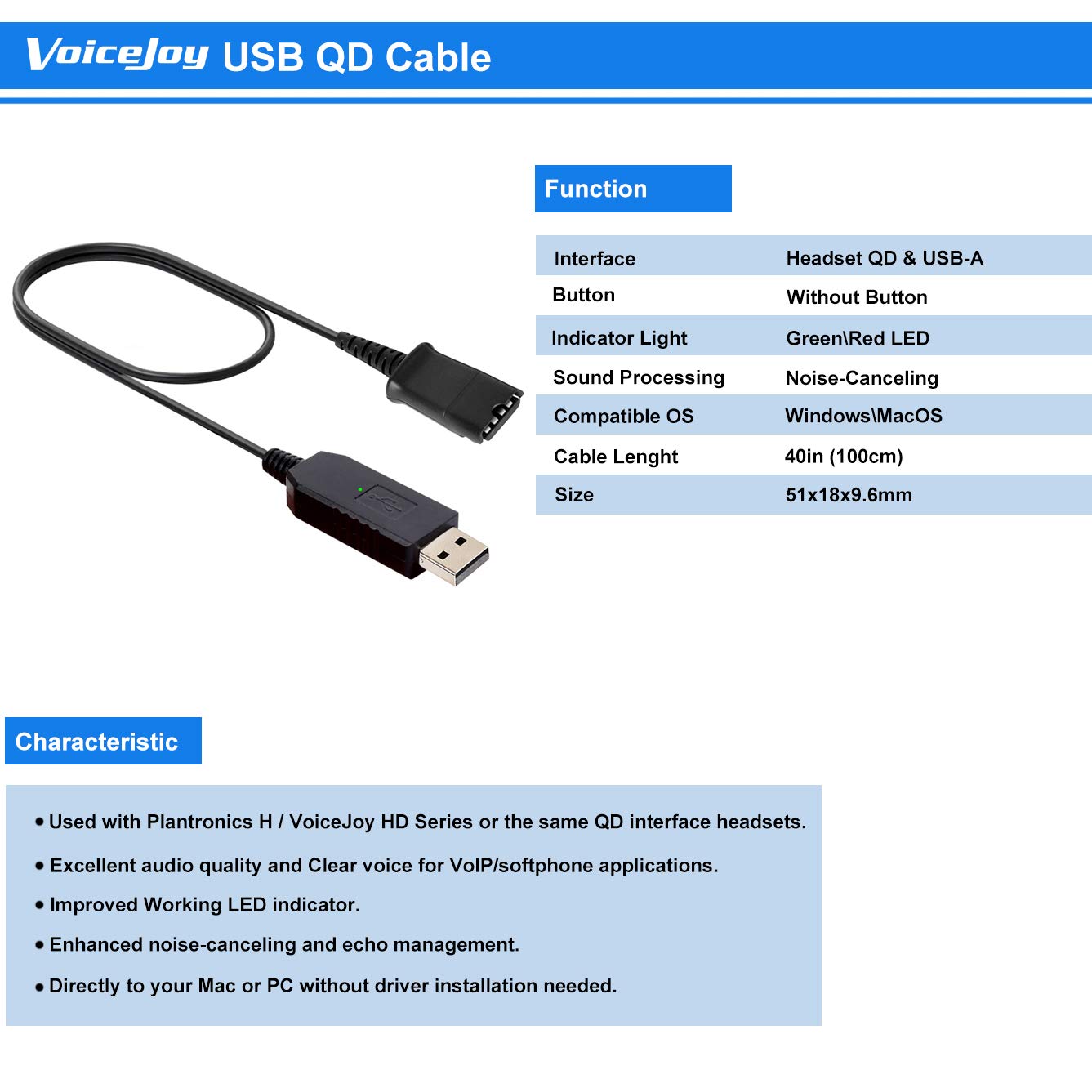 VoiceJoy Call Center Headset Quick Disconnect QD Cable to USB Plug Adapter - Compatible with Plantronics QD Connector for Computer & Laptop - Perfect for Remote Work & Customer Service Calls