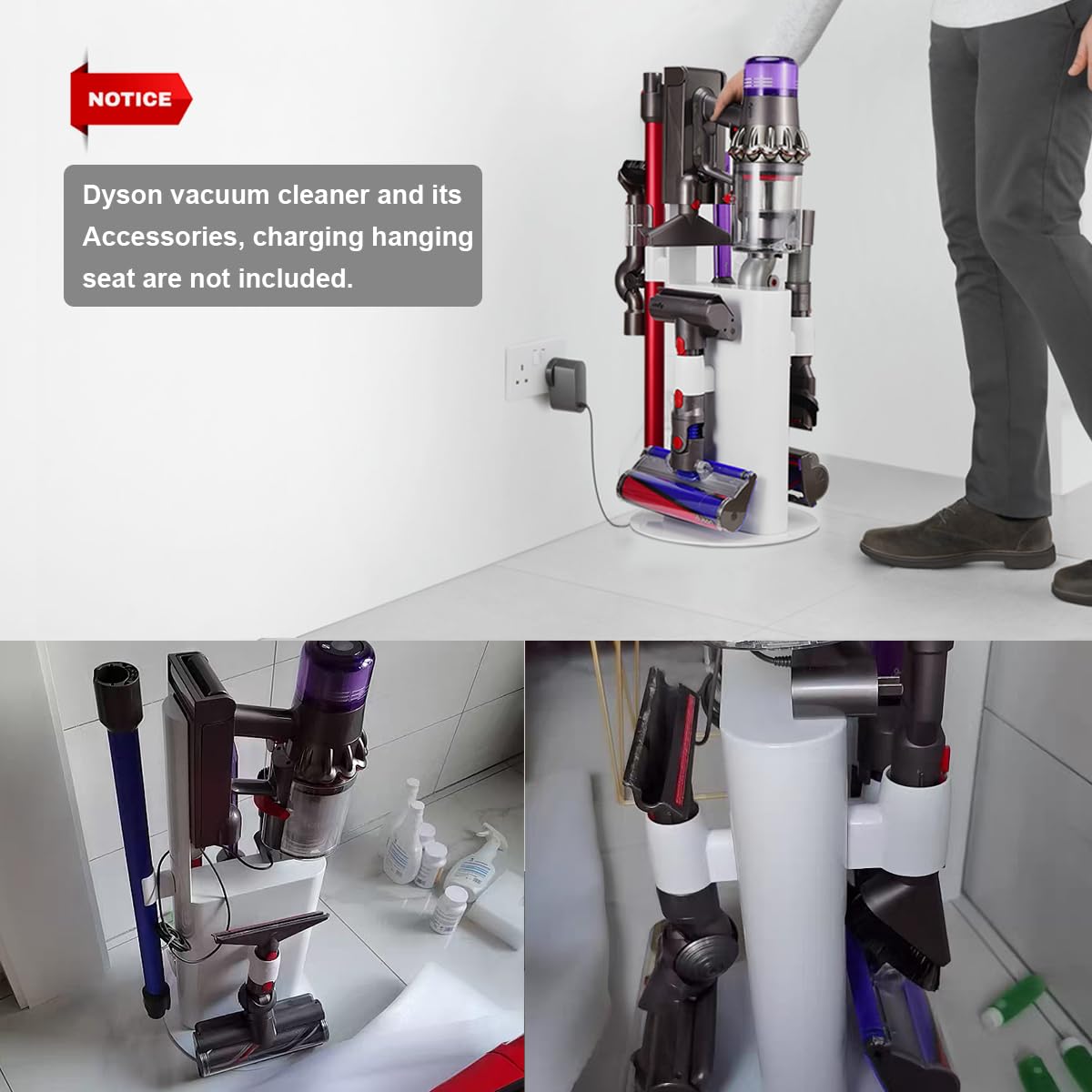 Dyson V6 V7 V8 V10 V11 V15 Vacuum Stand Holder - Sturdy Metal Storage Rack & No-Drill Organizer Bracket for Cordless Vacuum Cleaner and Accessories (White) - Perfect for Home, Garage, and Closet Organization