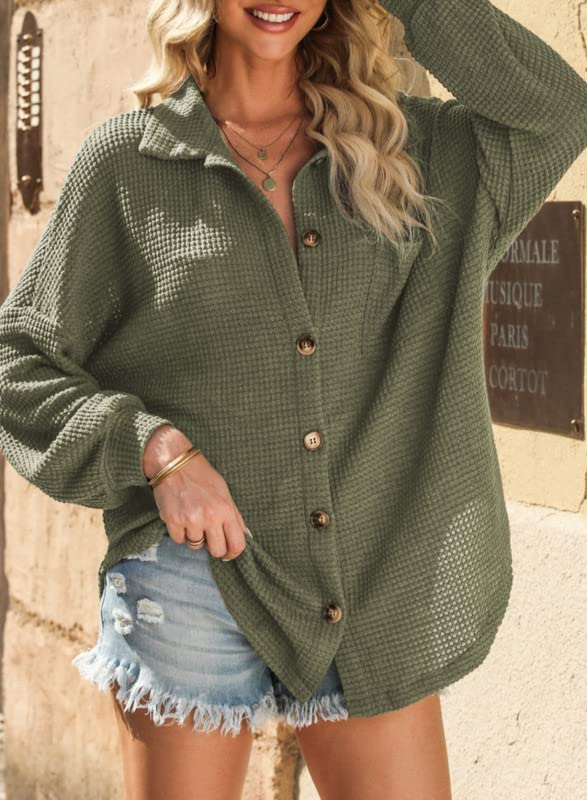 Dokotoo Women's Waffle Knit Shacket Jacket - Long Sleeve Button Down Shirt Blouse for Casual & Dressy Outfits | Perfect for Fall Layering, Office Wear & Weekend Outings