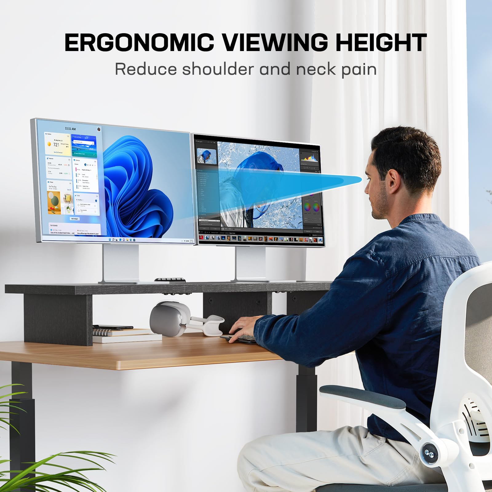 HUANUO Dual Monitor Stand Riser with Cable Management - Adjustable Desktop Organizer Shelf for 2 Monitors, Computer, Laptop, Printer, TV - Perfect for Home Office, Gaming Setup, and Workspace Organization