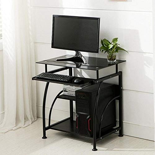 Modern Black Glass Finish Office Writing Desk with Keyboard Tray - Contemporary Rectangular Computer Workstation for Home & Office Use