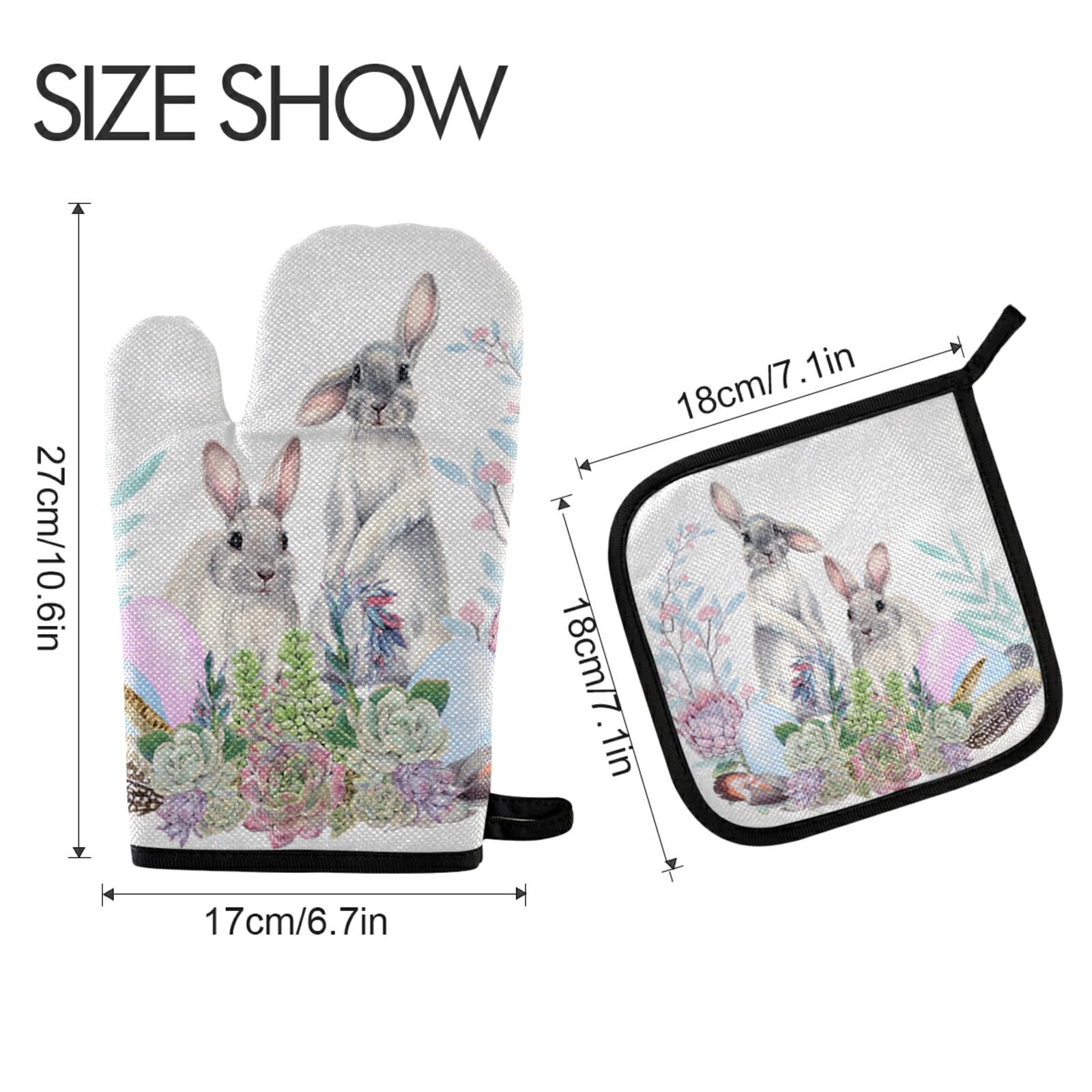 Aflyko Easter Spring Oven Mitt and Pot Holder Set - Bunny Succulent Corn Easter Egg Design, Heat Resistant Kitchen Gloves for Baking, Grilling, BBQ - Perfect Holiday Gift for Home Cooks & Party Hosts (Great for Easter Celebrations, Spring Gatherings & Festive Cooking)
