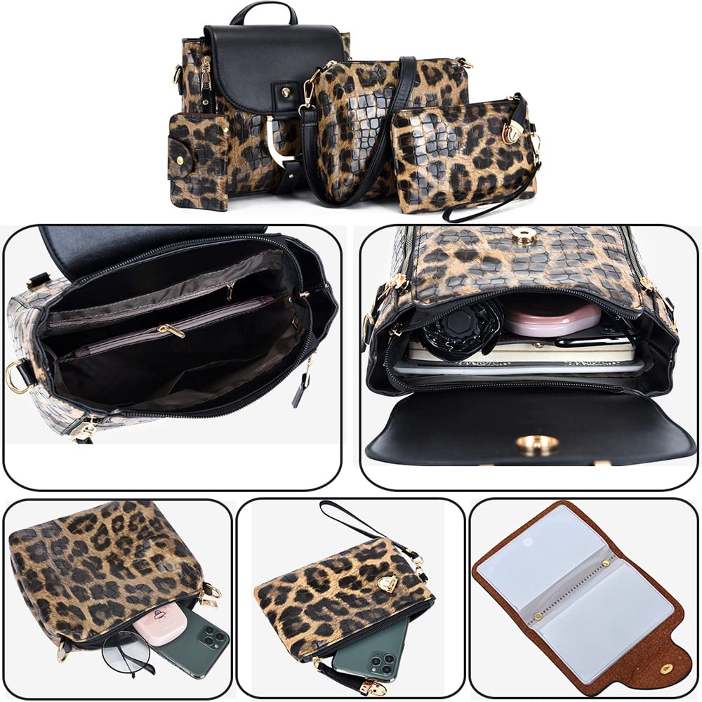 ZiMing Women's Handbag Set - 4 Piece Leopard Print Leather Purse, Crossbody Shoulder Bag & Wristlet Wallet Combo | Fashion Accessories for Work, Travel & Everyday Use