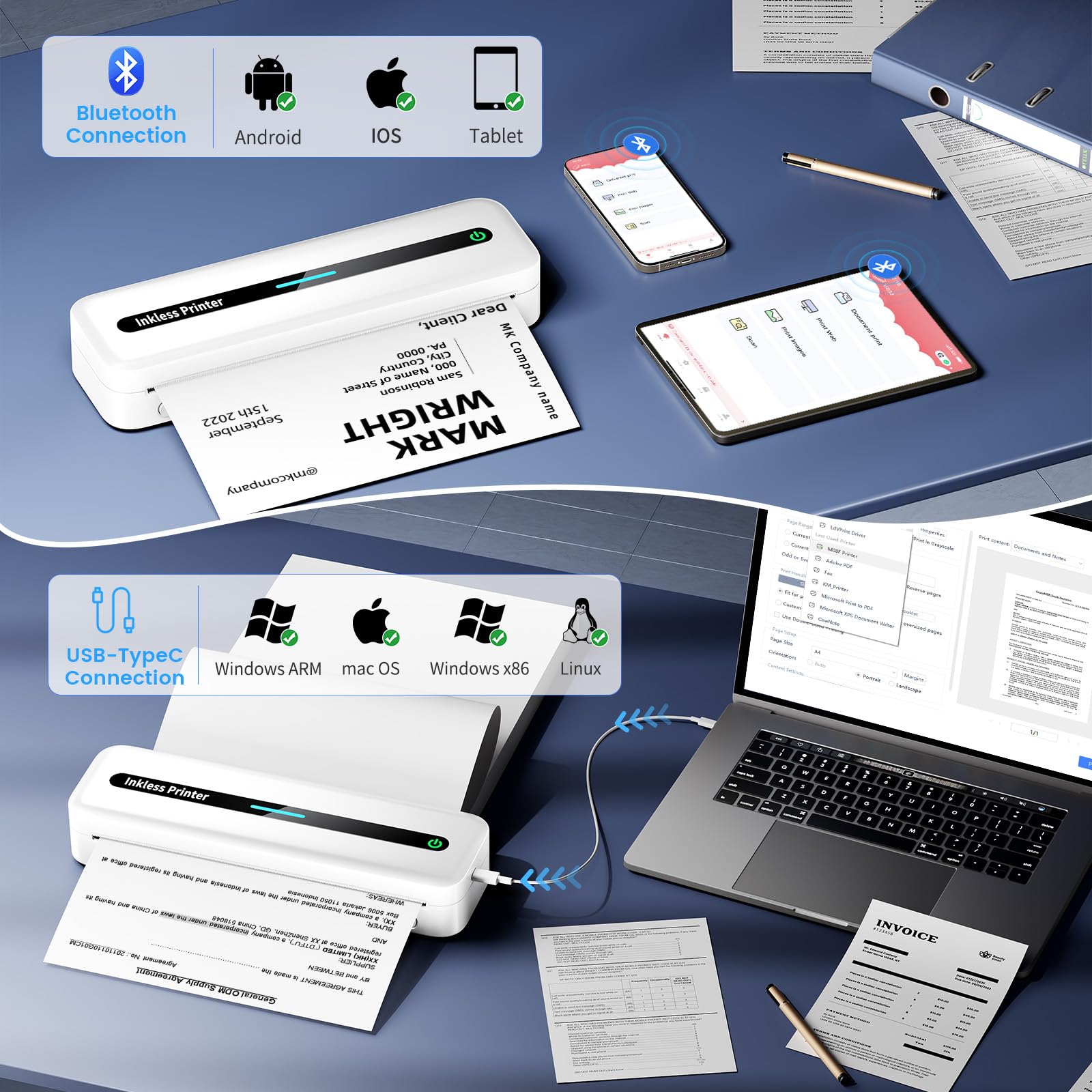Upgrade Wireless Portable Thermal Printer with Paper Bin - Rechargeable Travel Printer for US Letter & Multiple Sizes | Perfect for On-the-Go Printing, Business Trips & Mobile Offices