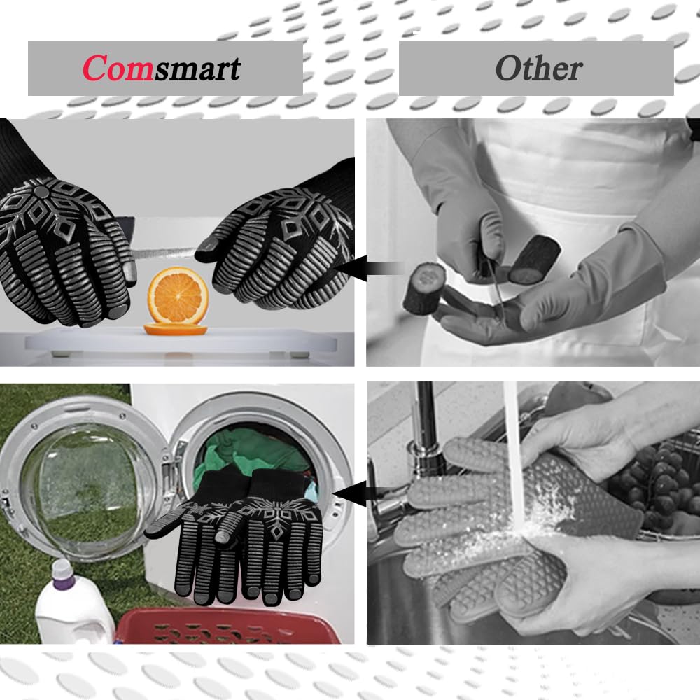Heat Resistant BBQ Gloves - Comsmart Silicone Non-Slip Fireproof Oven Mitts for Grilling, Barbecue, Cooking & Baking - Perfect for Outdoor Camping, Backyard Parties & Kitchen Use (Gray)