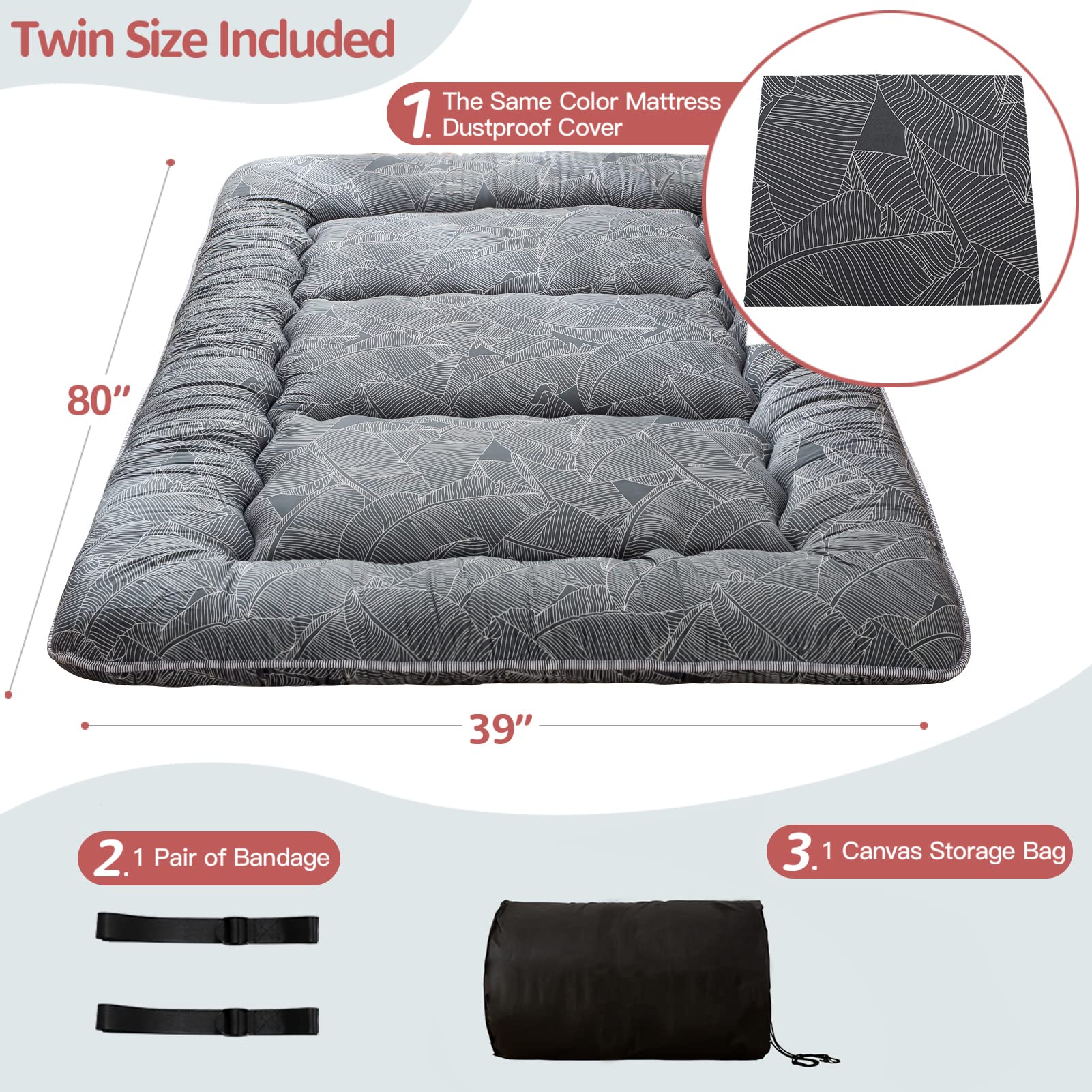 Japanese Thick Soft Floor Futon Mattress - Roll Up Sleeping Pad for Guest Room, Camping & Lounging - Twin Size Black Leaf Design - Comfortable for Home, Travel & Outdoor Use