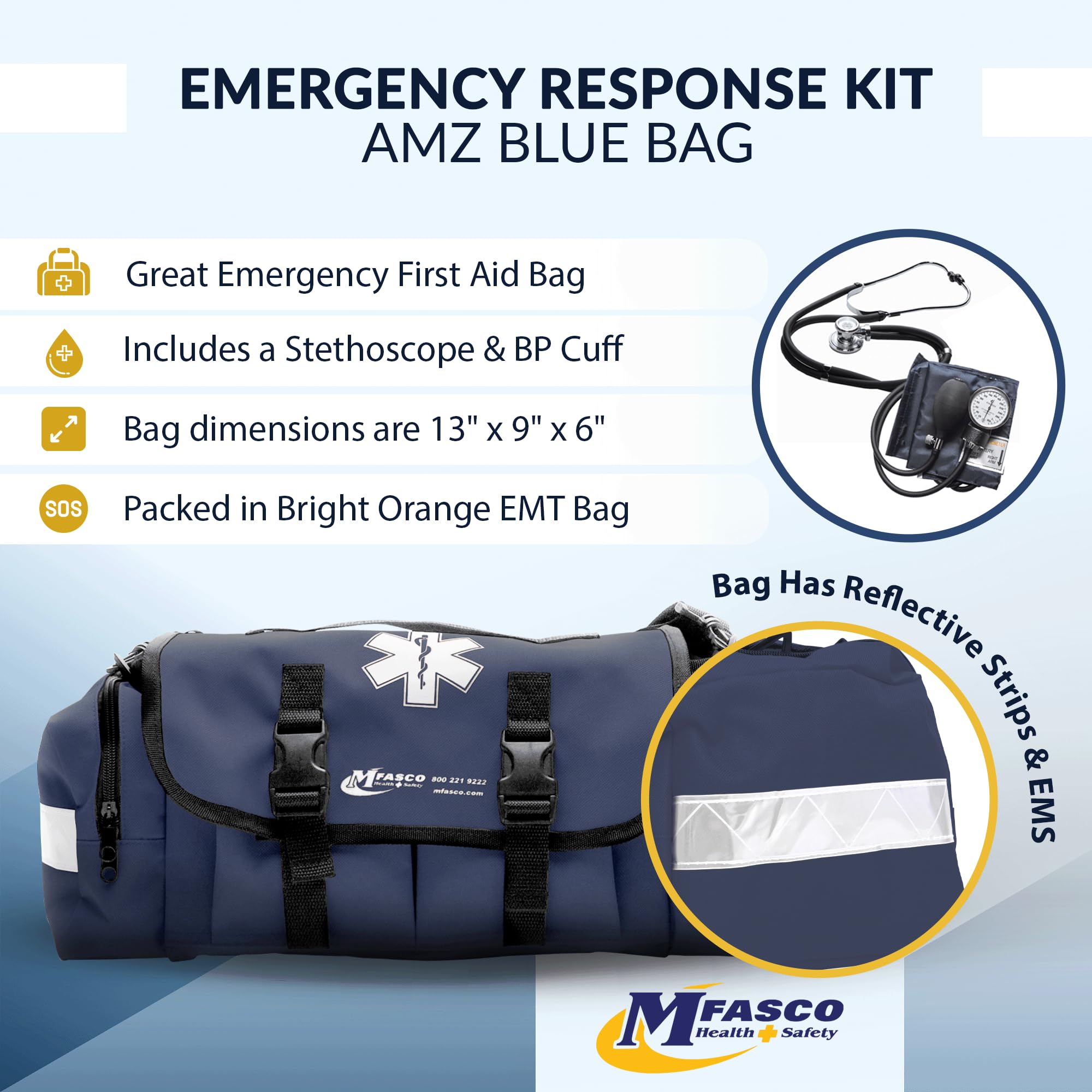 MFASCO 415-Piece First Aid Kit - Fully Stocked Emergency Medical Supplies for First Responders | Portable Reflective Bag for Natural Disaster Preparedness & Outdoor Survival | Customizable Storage | Blue First Aid Kit for Home, Car, Camping & Workplace Safety