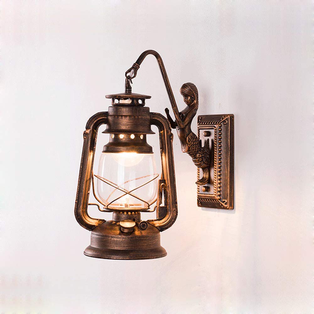Vintage Mermaid Wall Sconce Lighting - Retro Loft Style Art Deco Lantern Light in Antique Copper - Perfect for Bedroom, Living Room & Bar Decor (1-Light Hanging Wall Fixture)