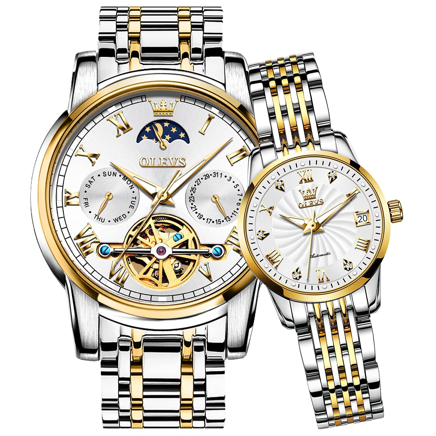 OLEVS Automatic Couple Watches Set for Men and Women - His and Hers Mechanical Self-Winding Tourbillon Dress Watches with Day Date Calendar, Two-Tone Big Face - Perfect for Anniversaries, Weddings & Romantic Gifts