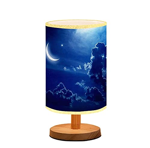 Minimalist Wooden Moon and Stars Table Lamp with Flaxen Fabric Shade - Bedside Nightstand Light for Bedroom, Living Room, Nursery, Office Desk - Perfect for Breastfeeding, Reading & Relaxing