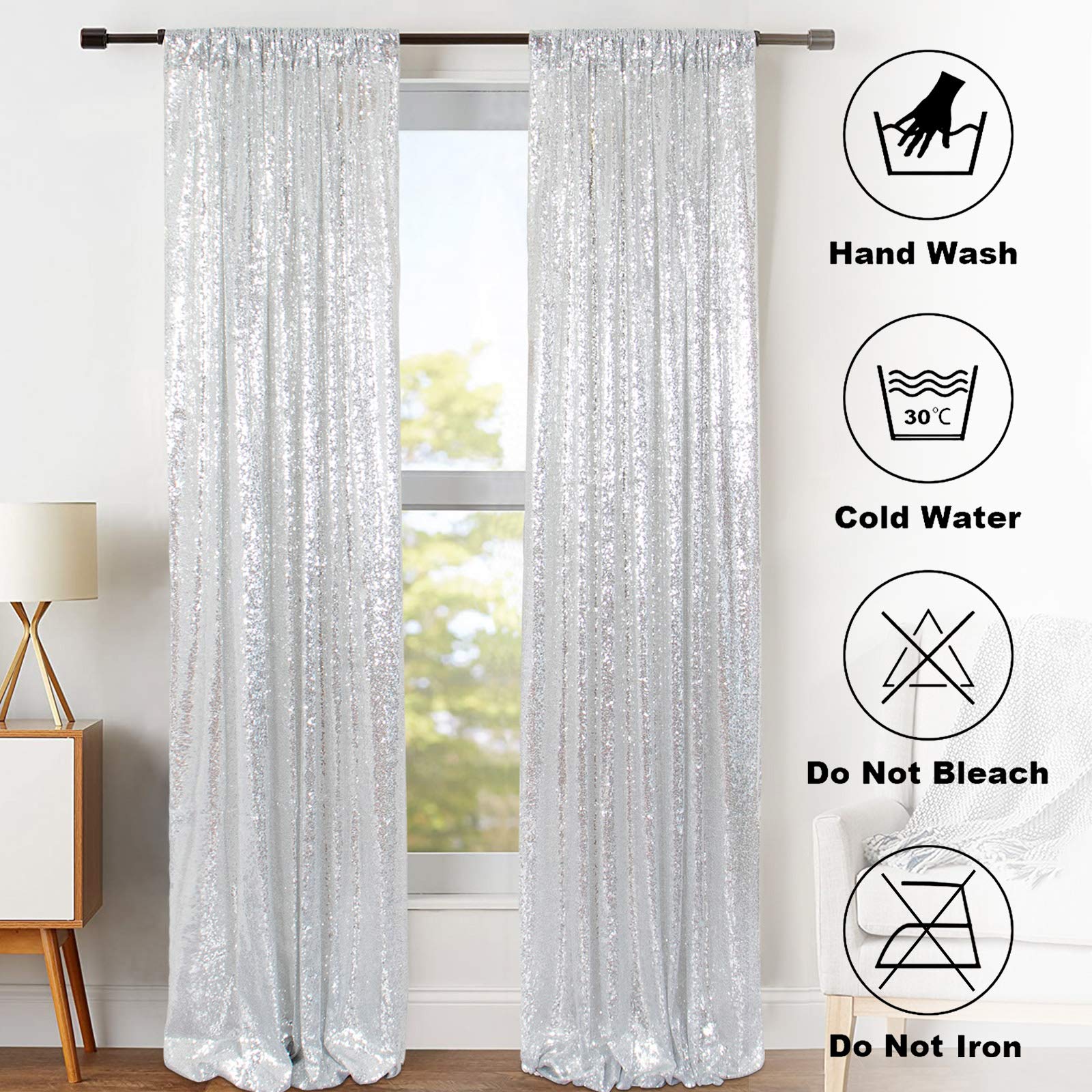 ShinyBeauty Silver Sequin Photo Backdrop - 2 Panels 4FT x 8FT (96 Inches Long) for Wedding, Party, Birthday, Photography Studio Decor - Sparkling Curtain Backdrop for Events & Photo Shoots