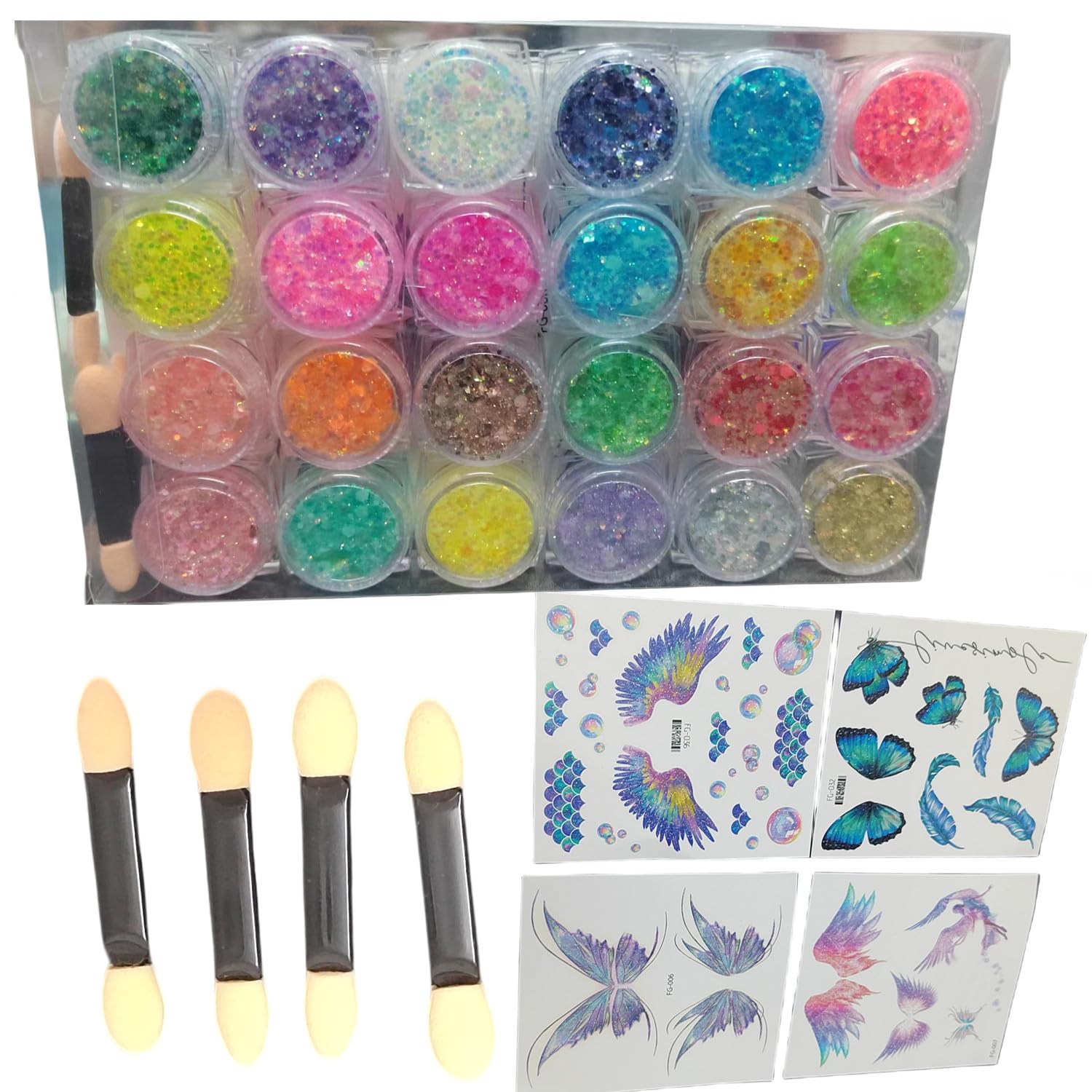 24-Color Body Glitter Gel & 32 Fashion Temporary Tattoos Kit - Chunky Sequin Glitter Makeup for Festival, Birthday Parties, Raves & Cosplay - Includes 4 Brushes for Easy Application