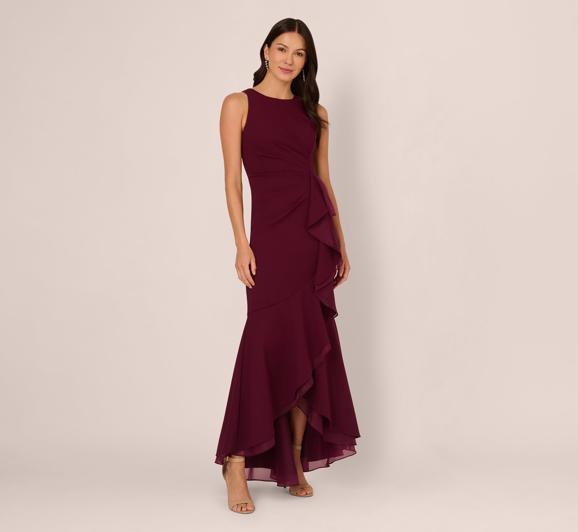 Elegant High Low Crepe Halter Gown with Organza Draping in Cabernet - Perfect for Evening Parties, Prom Dresses & Special Occasions