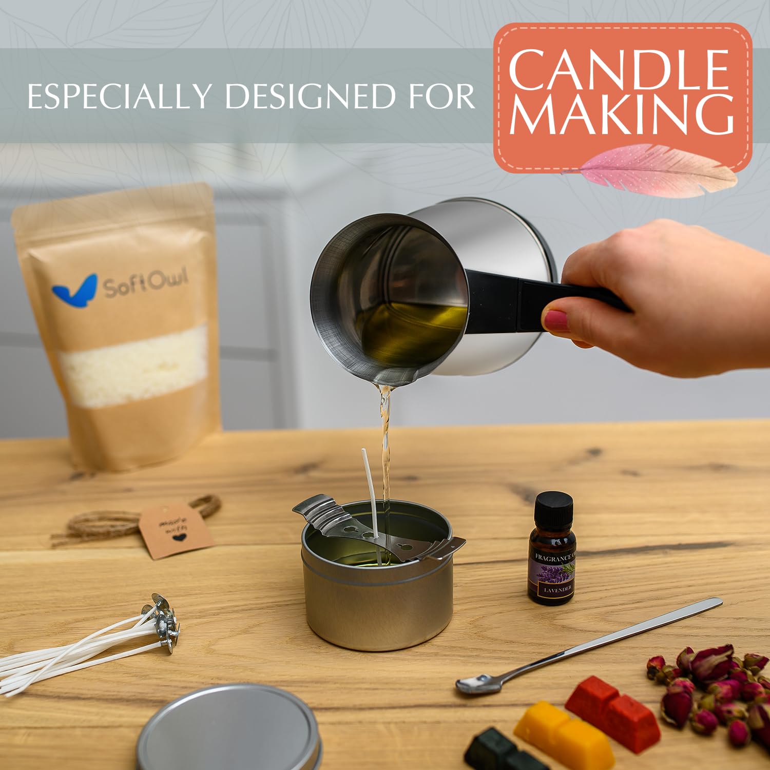 SoftOwl 23 Oz Stainless Steel Electric Wax Melting Pot - Professional Candle Making Kit with Dripless Pouring Spout - Wax Warmer for DIY Candles, Soap Making & Wax Melts - Perfect for Home Crafting and Small Business Use